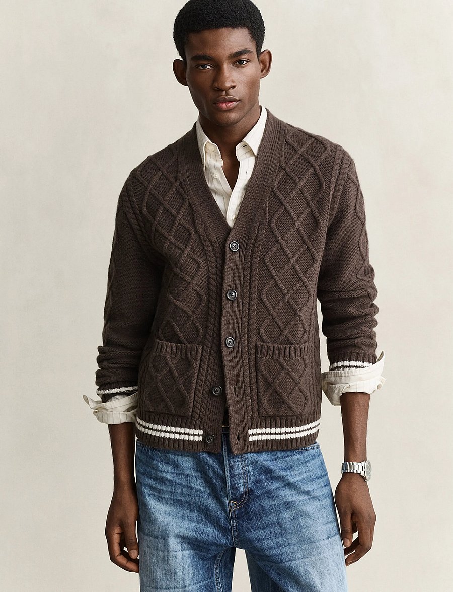 Gant - WOOL BLEND CABLE KNIT CARDIGAN - koftor - shadow brown - 0