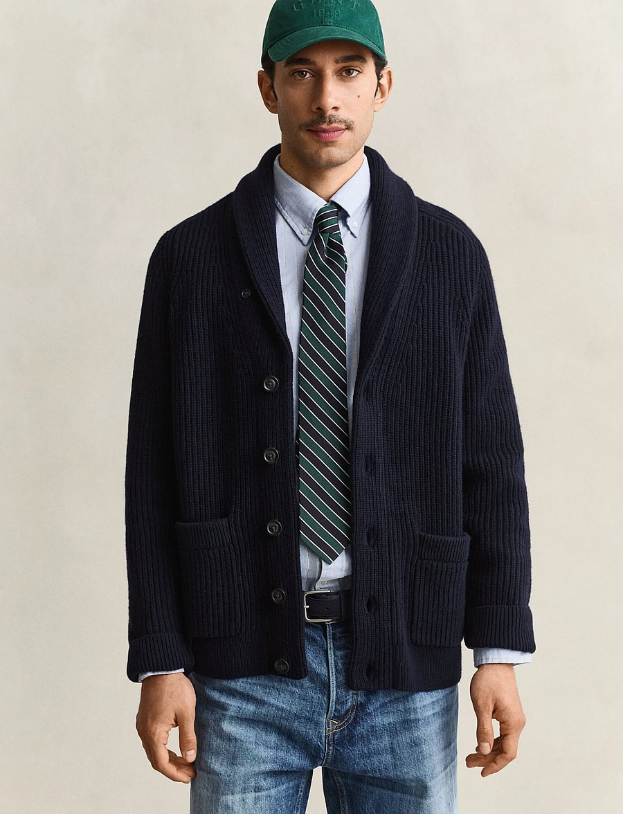 Gant - RIBBED WOOL BLEND SHAWL CARDIGAN - strickjacken - evening blue - 0