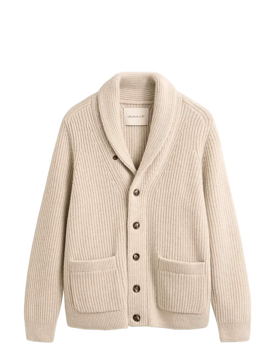 Gant - RIBBED WOOL BLEND SHAWL CARDIGAN - strickjacken - light beige melange - 0
