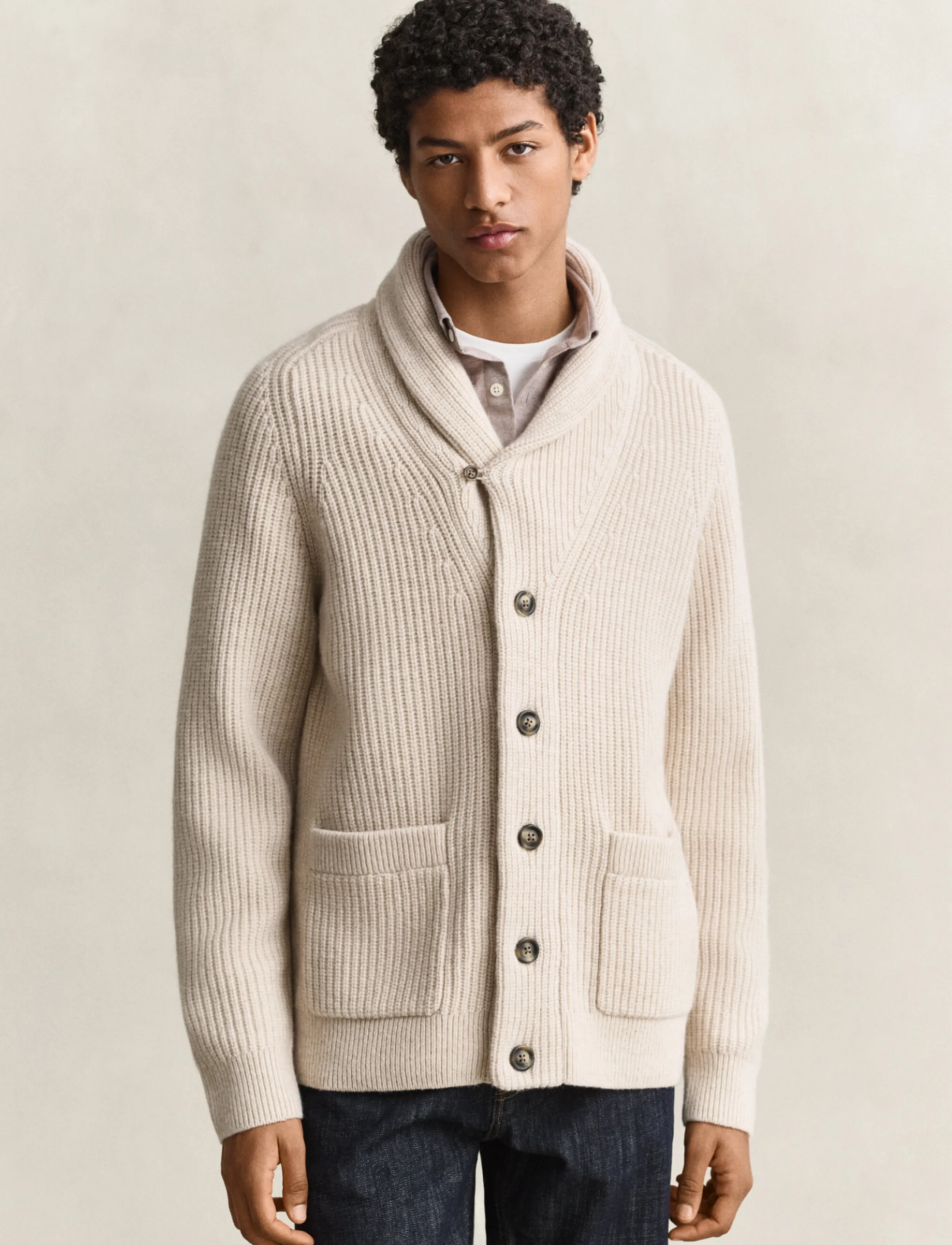 Gant - RIBBED WOOL BLEND SHAWL CARDIGAN - gilets - light beige melange - 0