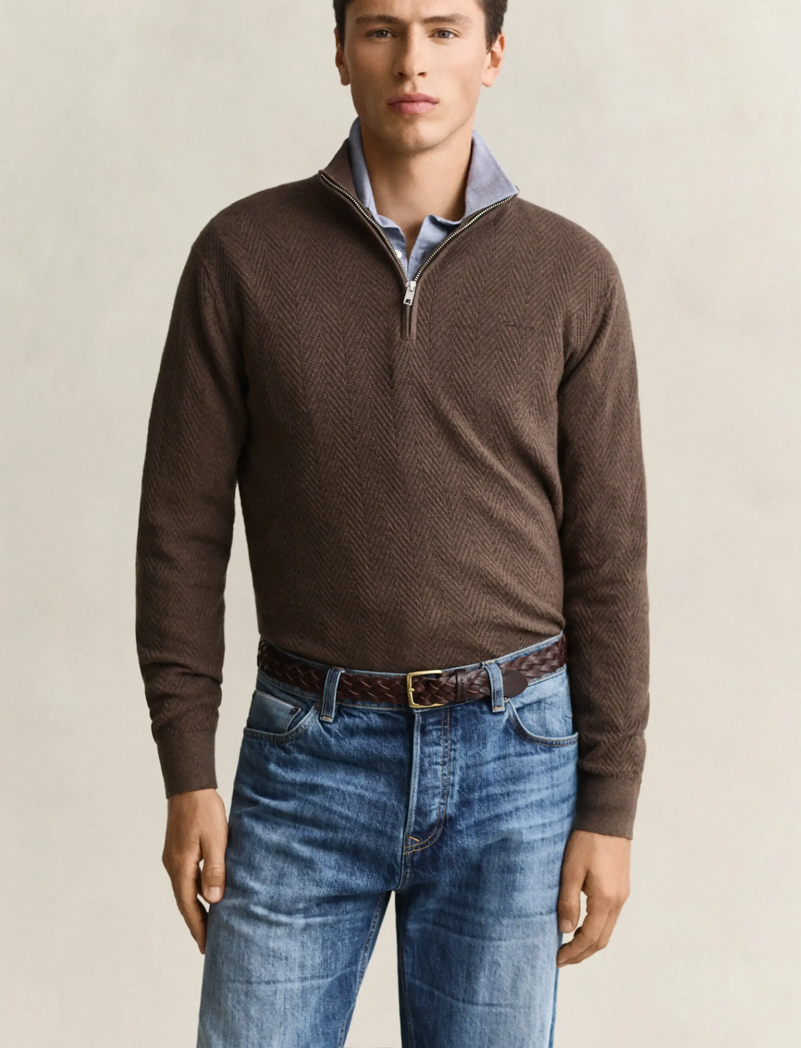 Gant HERRINGBONE TEXTURE HALF ZIP - Shoppa efter tillfälle - BROWN MELANGE / brown