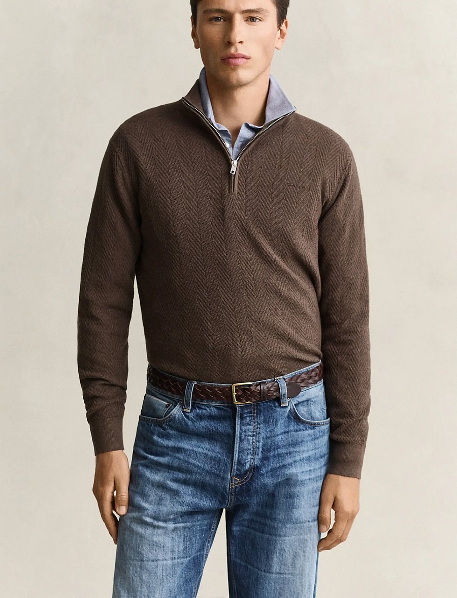Gant - HERRINGBONE TEXTURE HALF ZIP - brown melange - 0