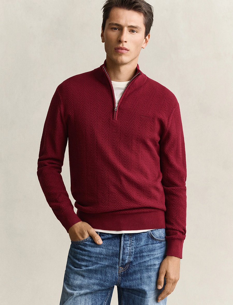 Gant - HERRINGBONE TEXTURE HALF ZIP - half zip jumpers - plumped red - 0