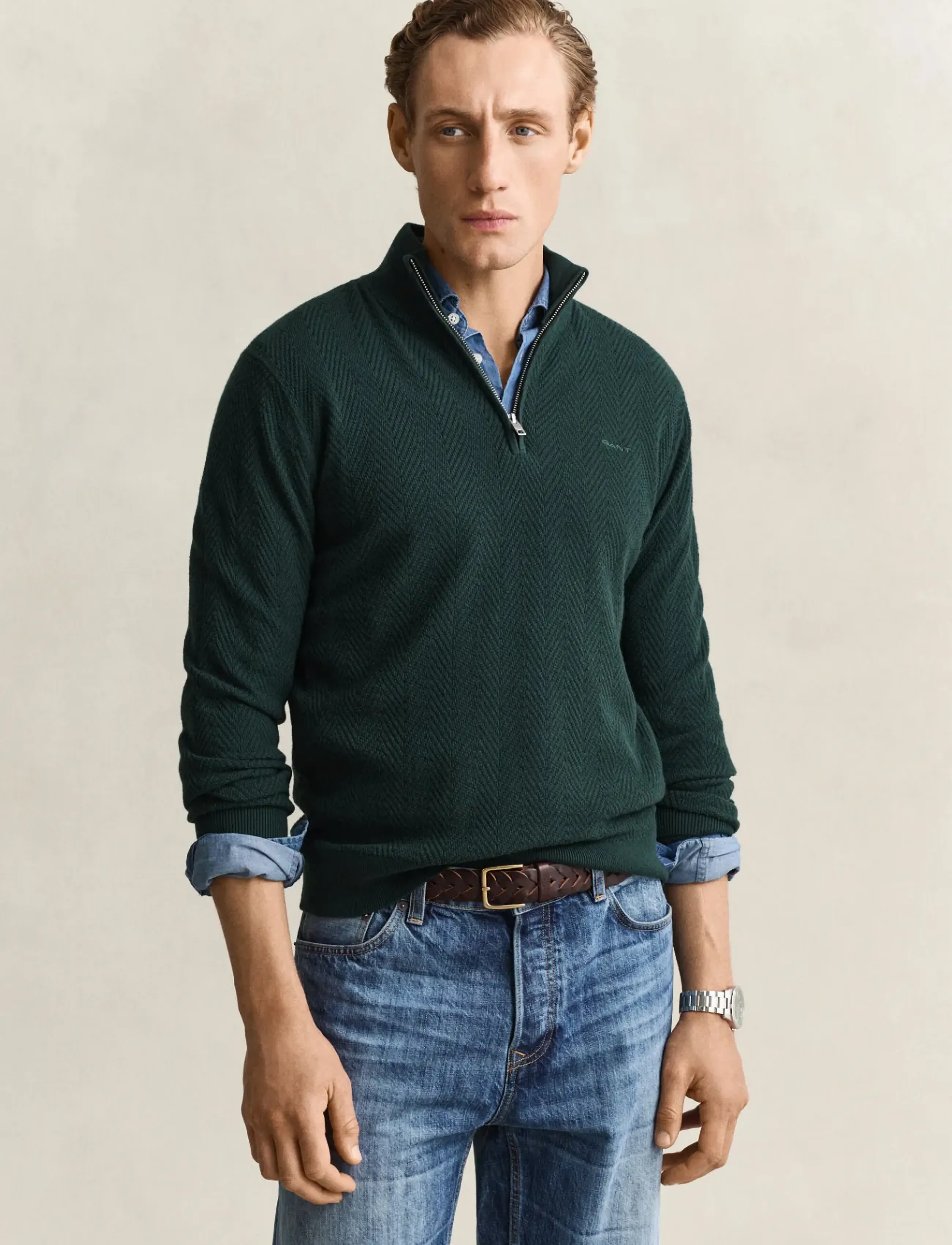 Gant - HERRINGBONE TEXTURE HALF ZIP - half zip-tröjor - tartan green - 0