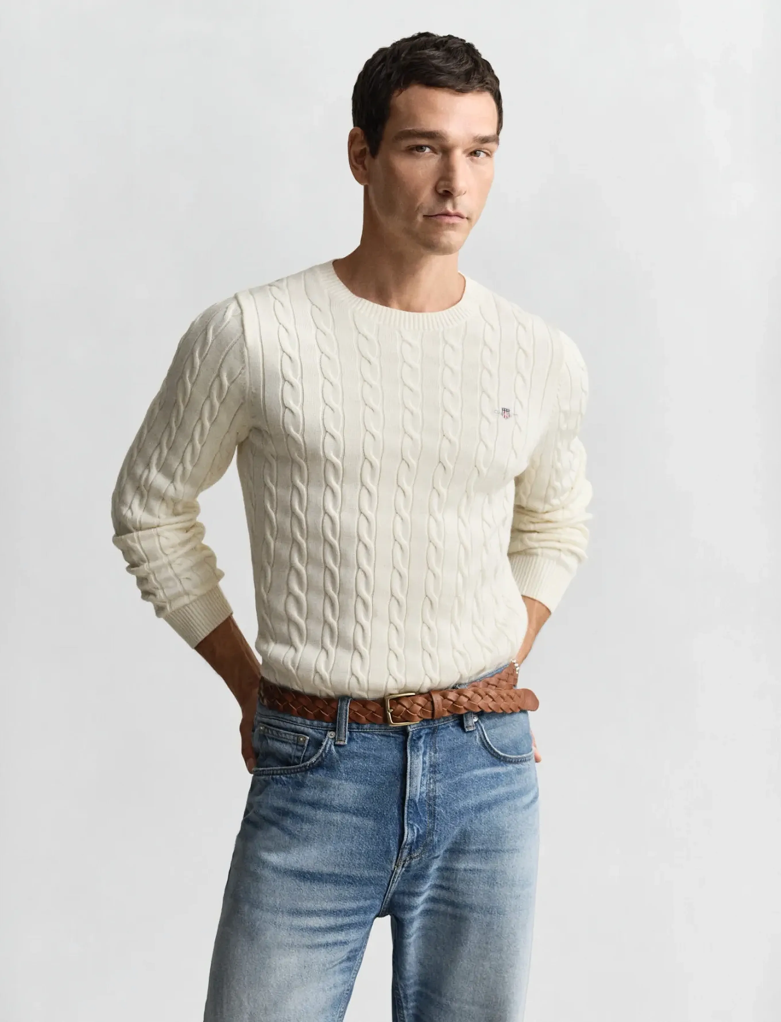 Gant Classic Cable Knit Sweater, XL, Cream, Strik > Runde Halse, Herre