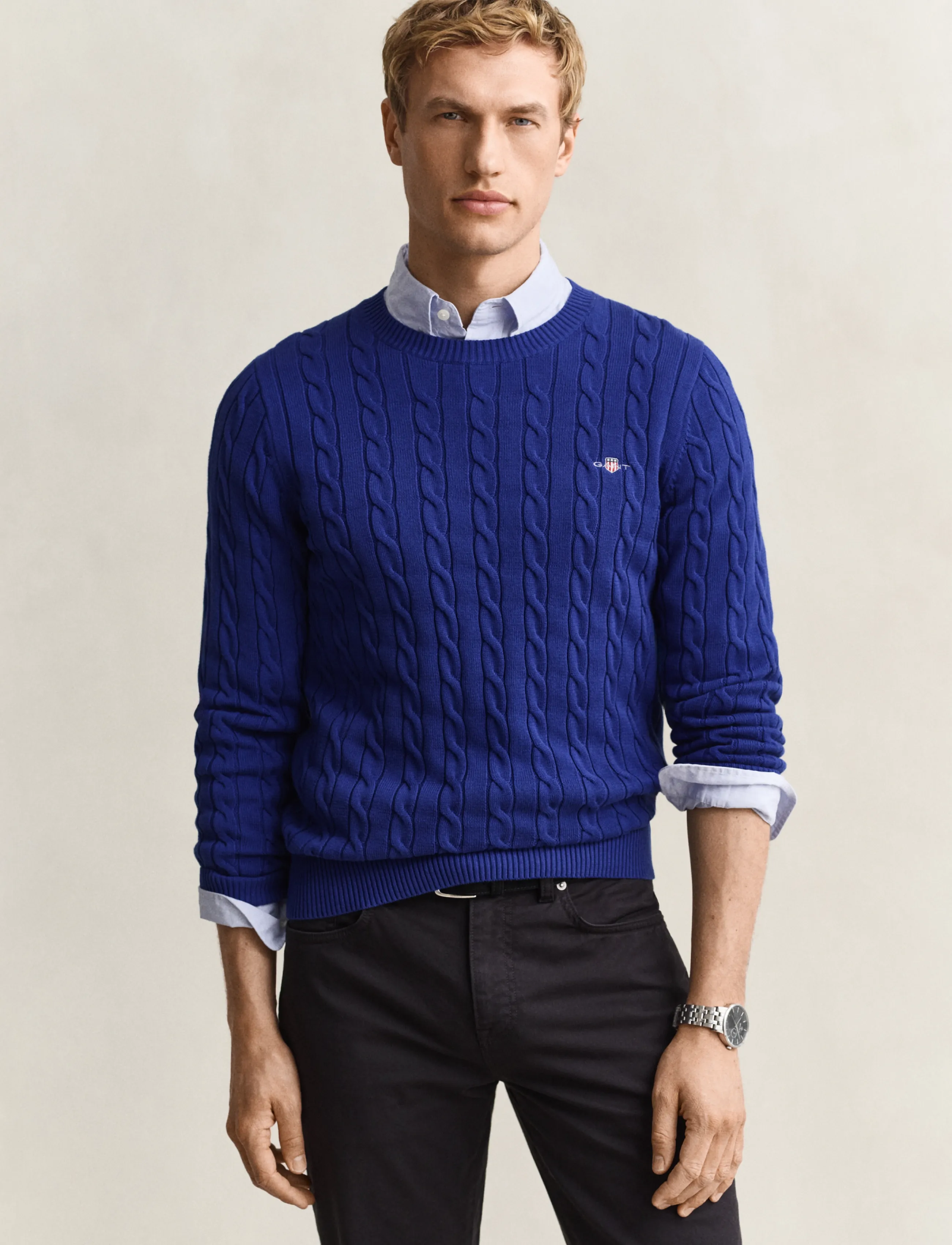 Gant Classic Cable Knit Sweater, Mænd, Kabelstrikket Rundhals Sweater, Blå, Str: L