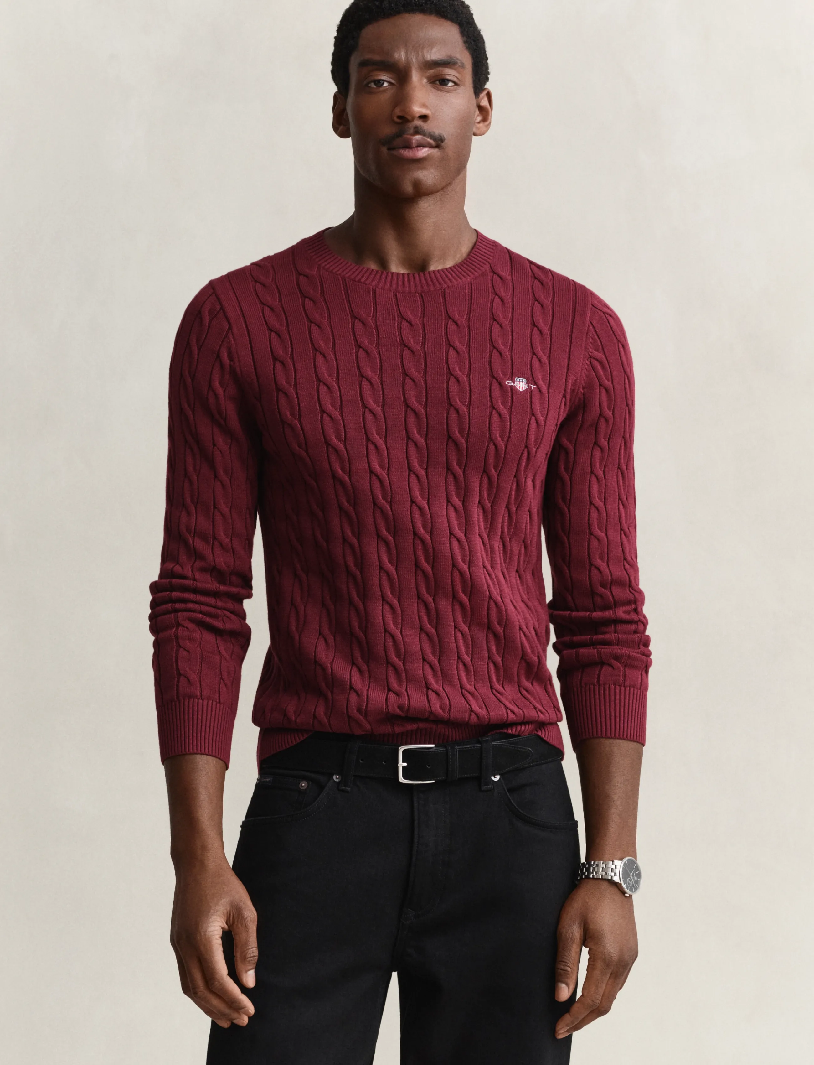 Gant Classic Cable Knit Sweater, Mænd, Kabelstrikket Rundhals Sweater, Bordeaux, Str: M