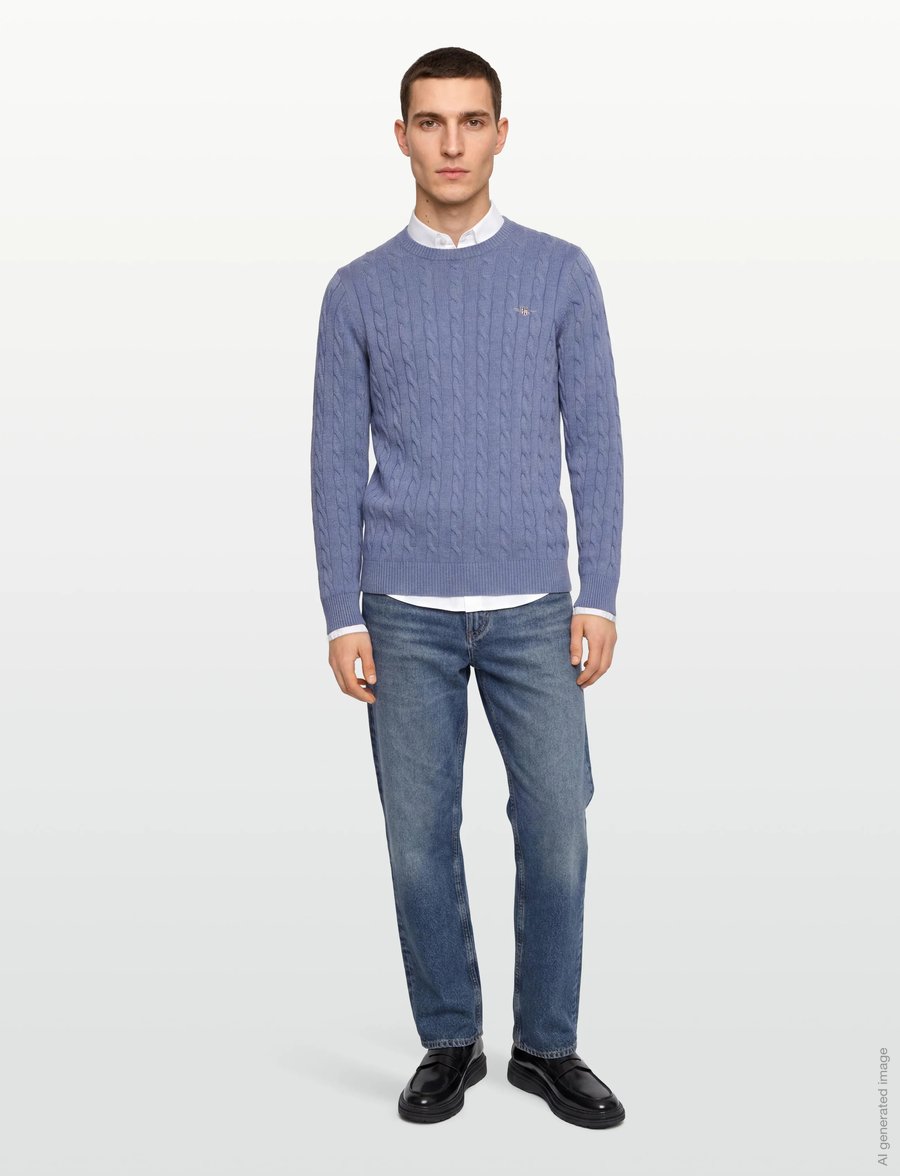 Gant - Classic Cable Knit Sweater - Ümara kaelusega - denim blue melange - 0