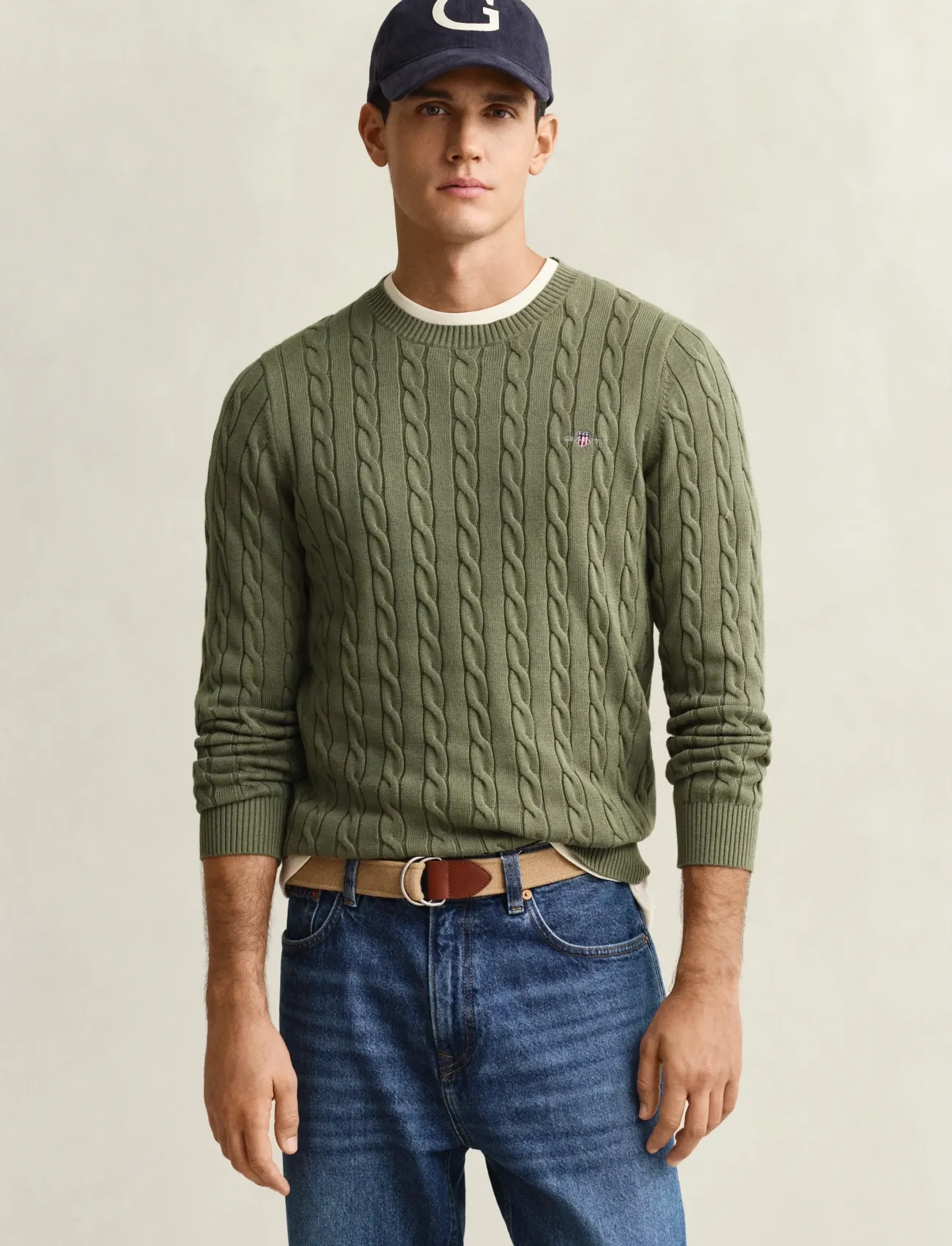 Gant Classic Cable Knit Sweater, XL, Knitwear, Grün - Round Necks, Männerswear