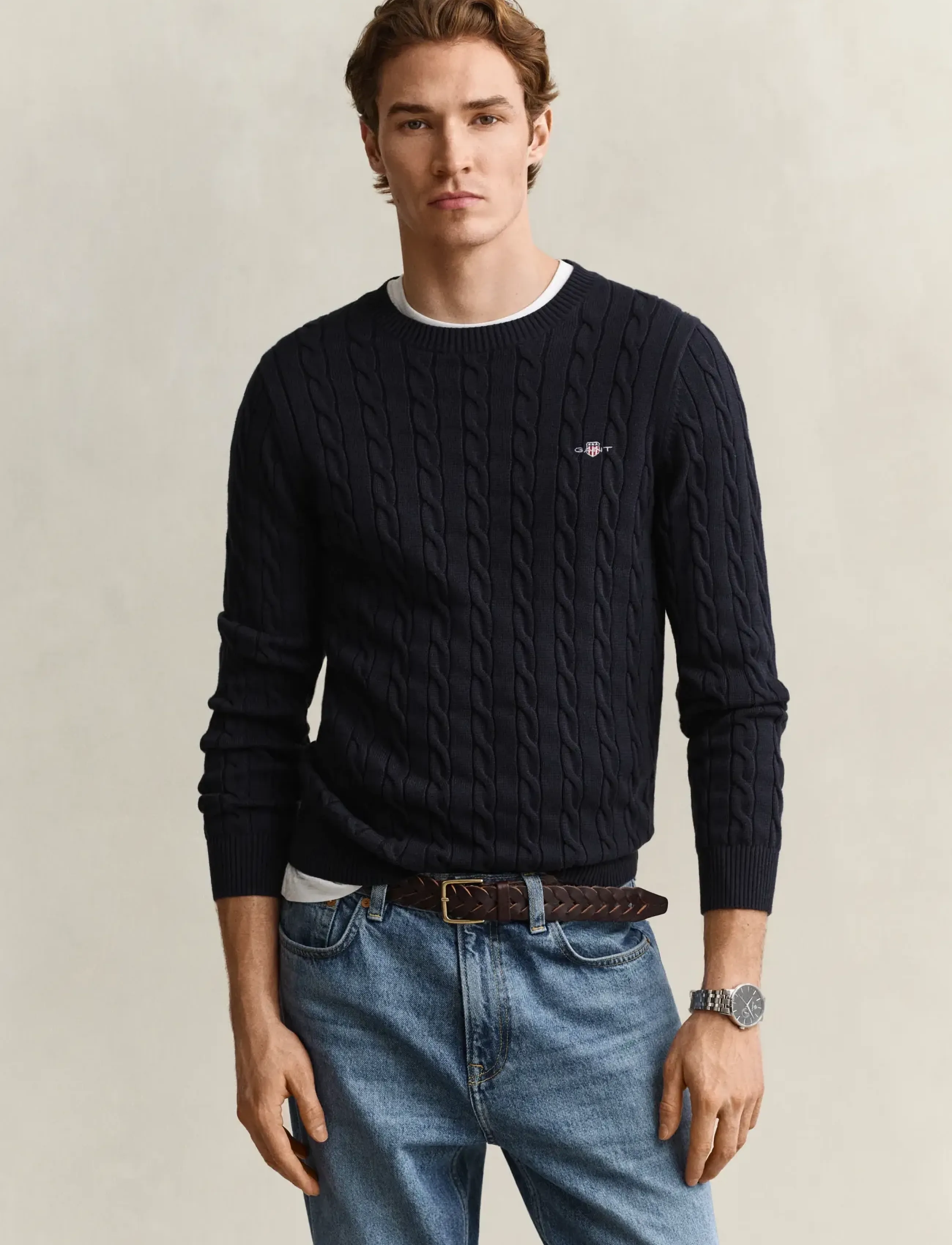 Gant Classic Cable Knit Sweater, S, Knitwear, Marineblau - Round Necks, Männerswear