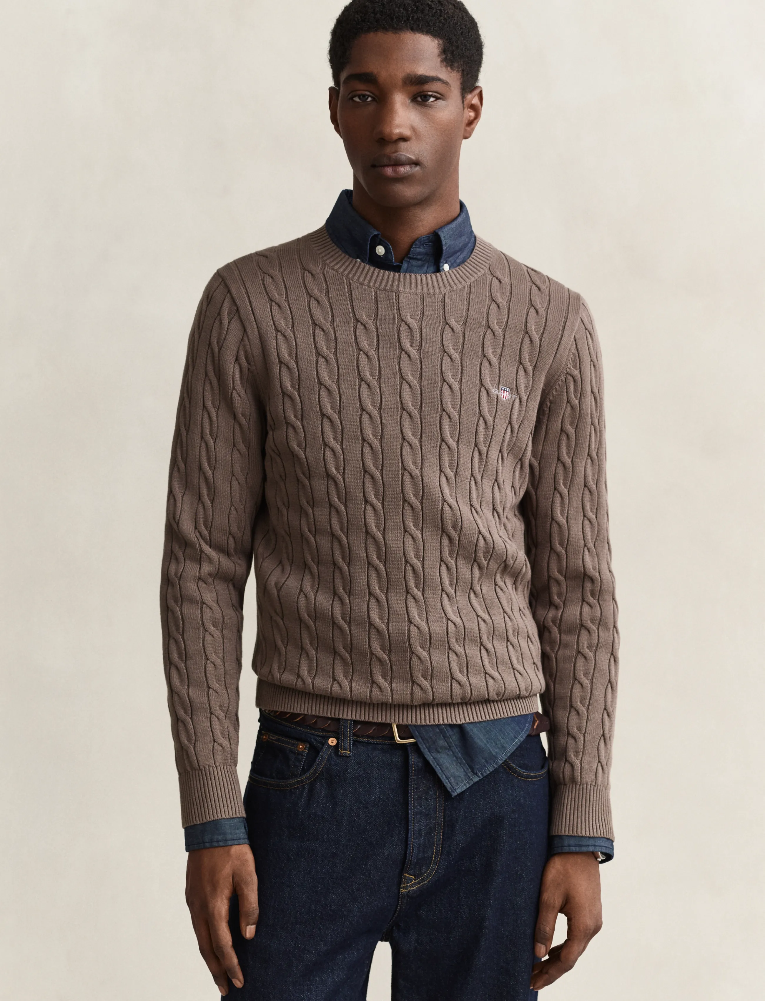 Gant Classic Cable Knit Sweater, Mænd, Kabelstrikket Rundhals Sweater, Brun, Str: XXL