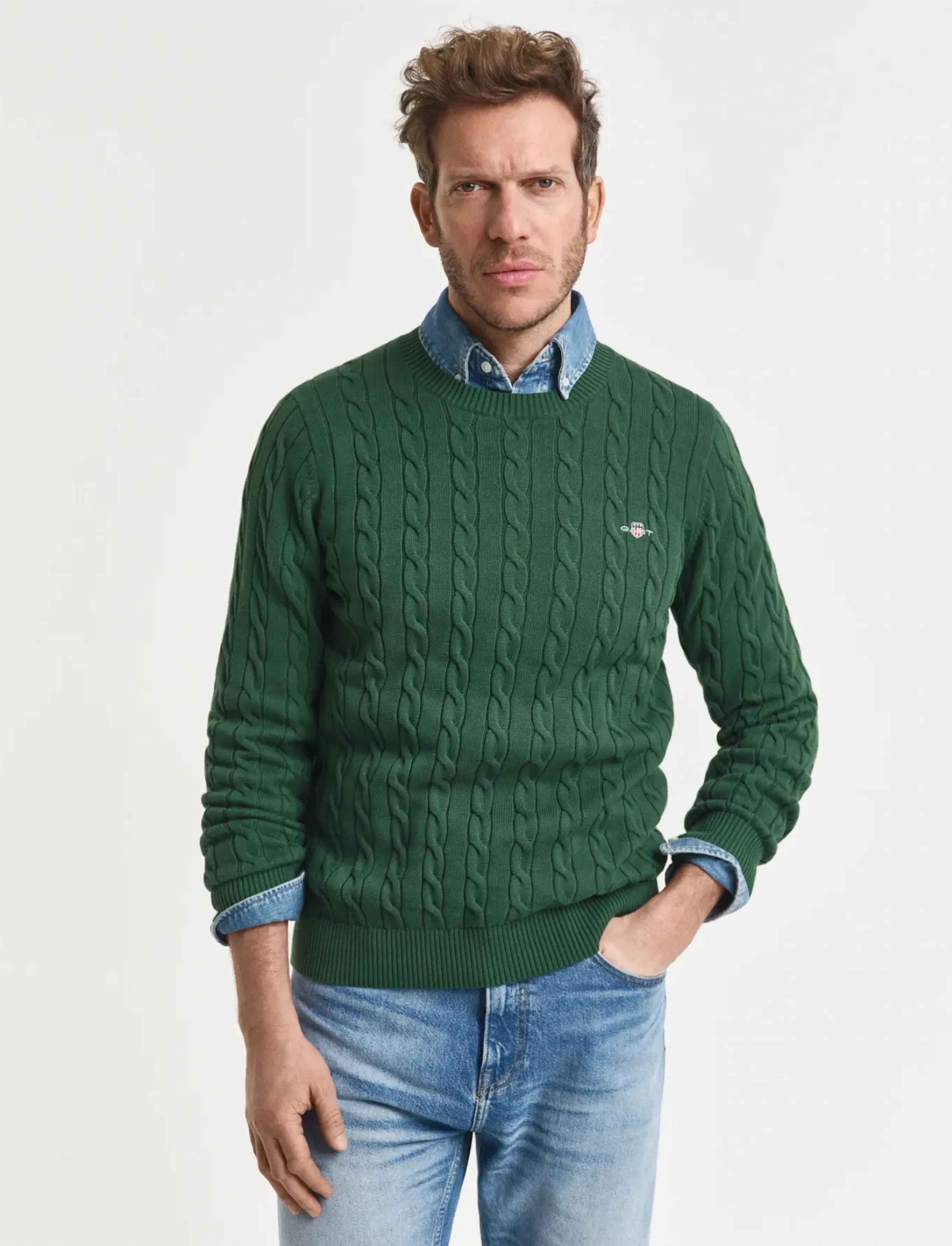 Gant Classic Cable Knit Sweater, X3XL, Knitwear, Grün - Round Necks, Männerswear