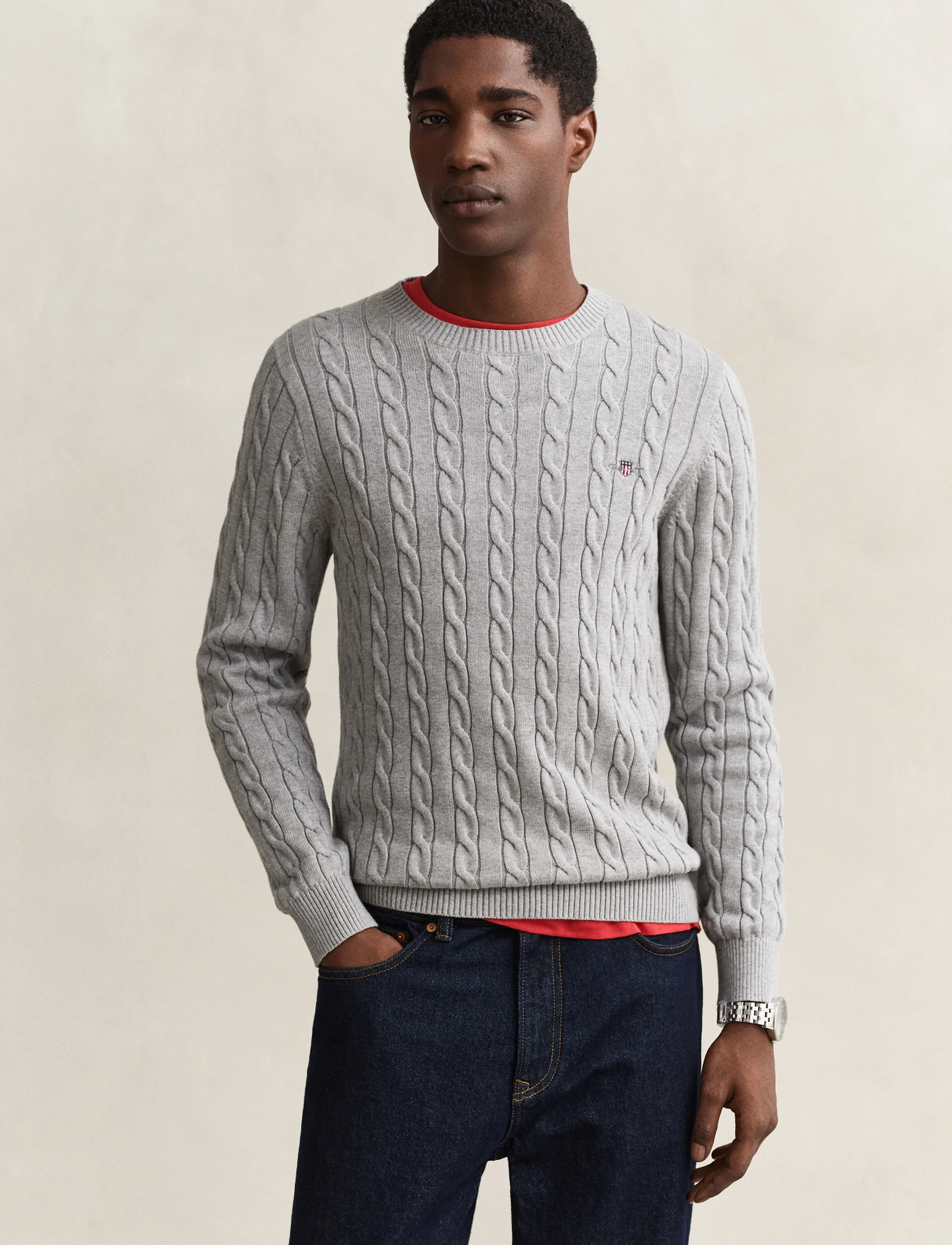Gant Classic Cable Knit Sweater, 3XL, Knitwear, Grau - Round Necks, Männerswear