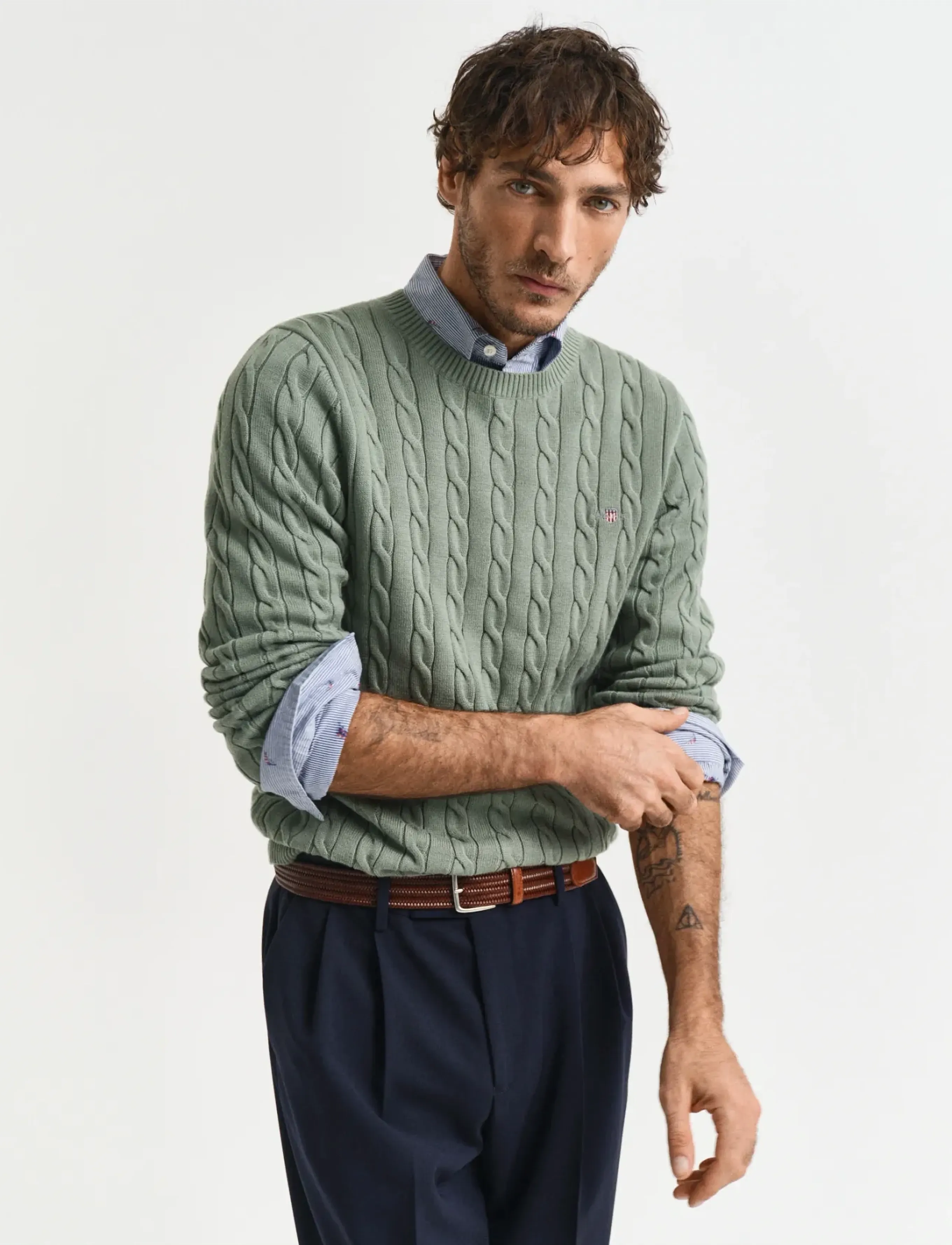 Gant Classic Cable Knit Sweater, 3XL, Knitwear, Grün - Round Necks, Männerswear