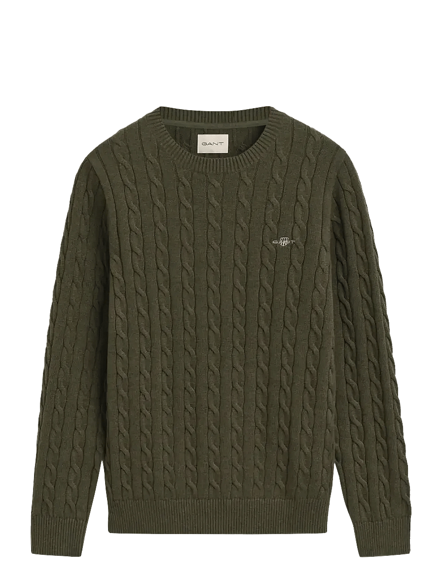 Gant - Classic Cable Knit Sweater - pyöreäaukkoiset - khaki green mel - 1