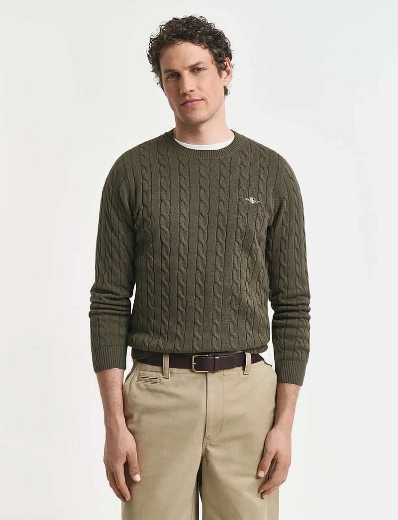 GANT - COTTON CABLE C-NECK - knitted round necks - khaki green mel - 0
