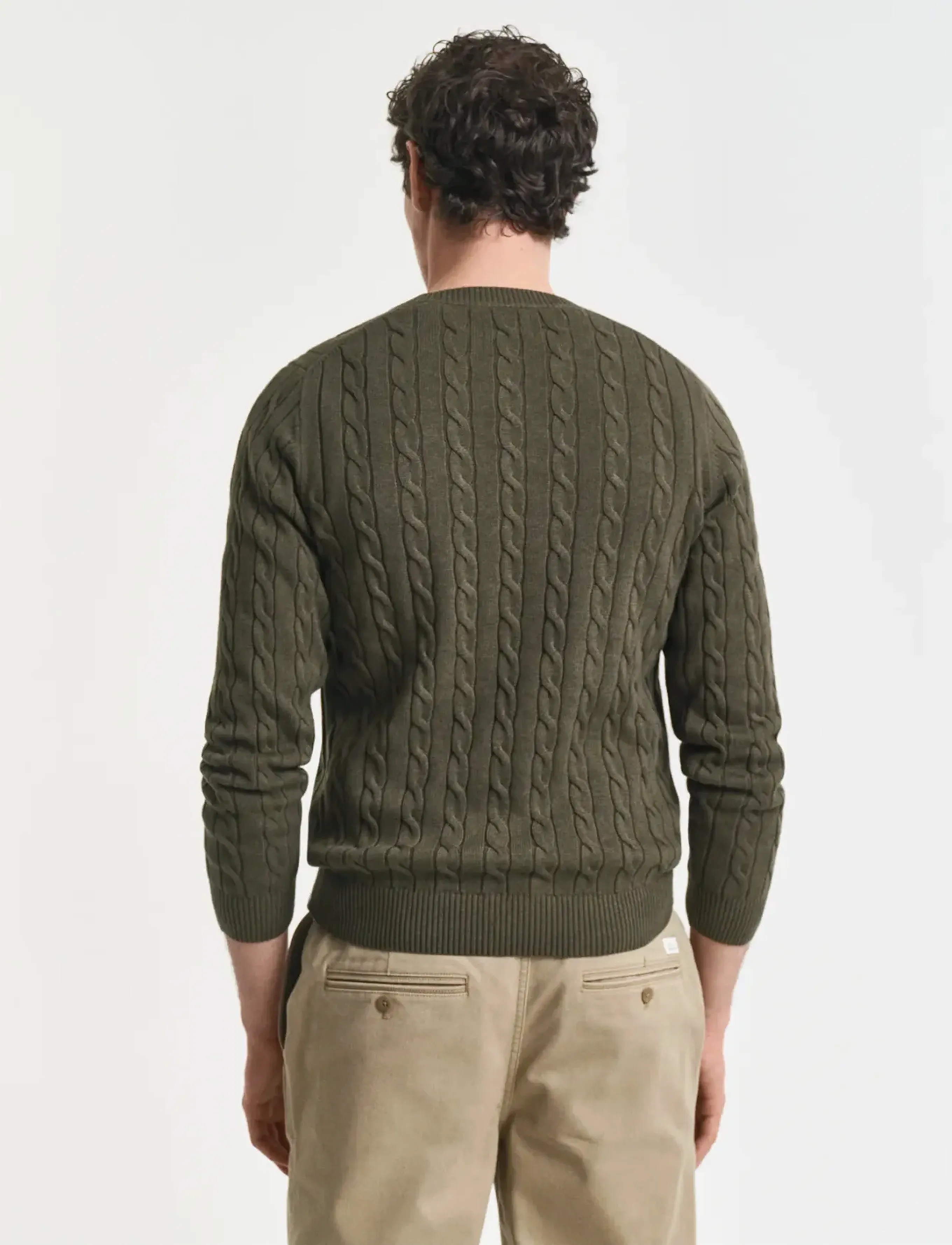 Gant - Classic Cable Knit Sweater - pyöreäaukkoiset - khaki green mel - 2