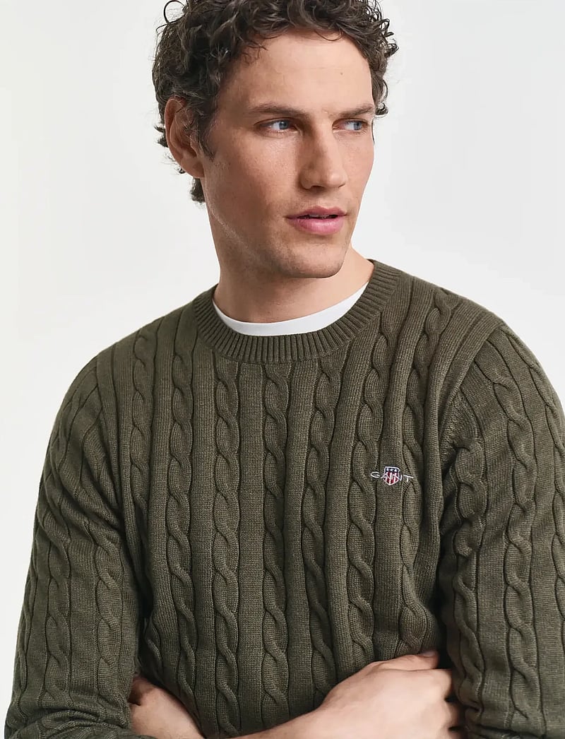 GANT - COTTON CABLE C-NECK - knitted round necks - khaki green mel - 3