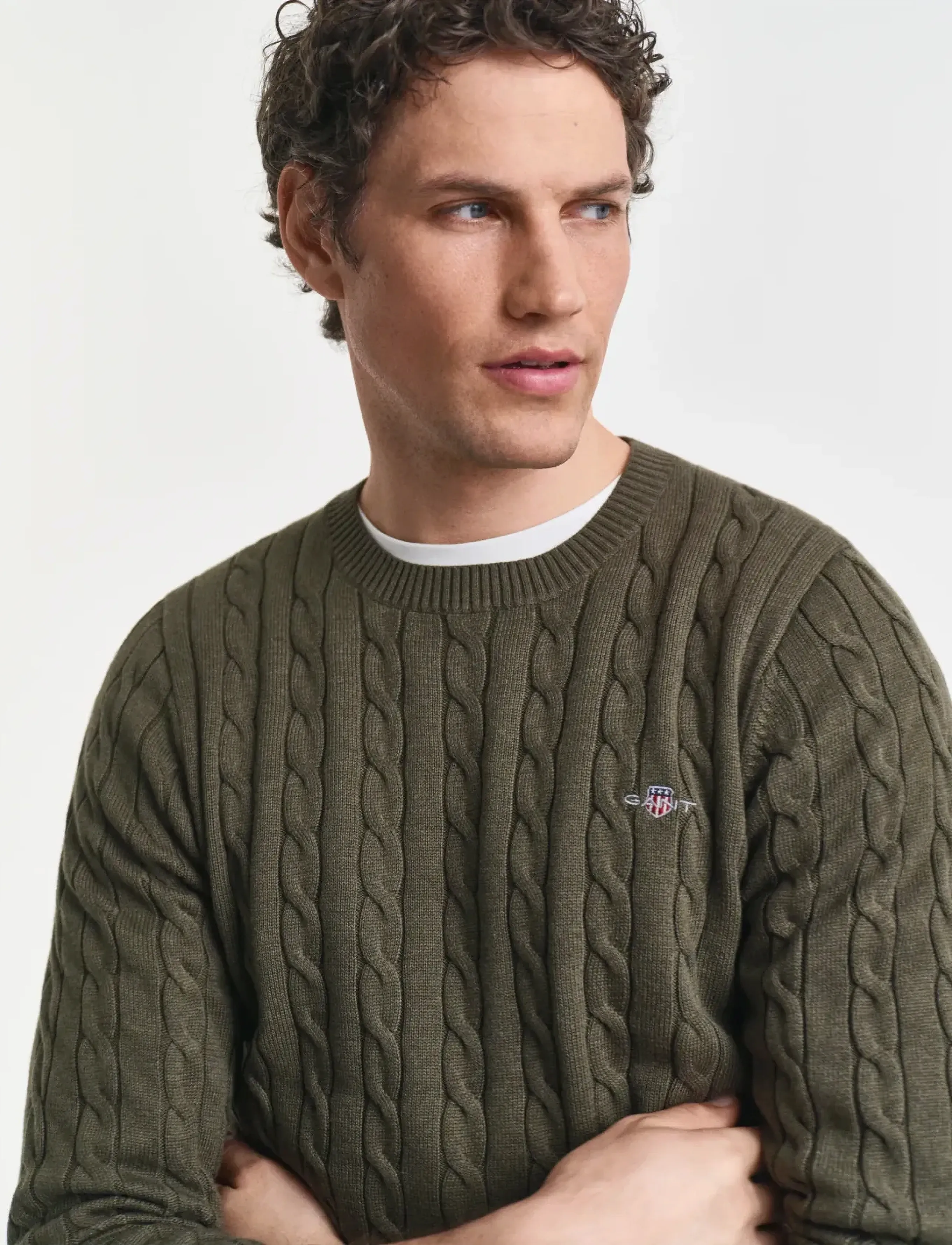Gant - Classic Cable Knit Sweater - pyöreäaukkoiset - khaki green mel - 3