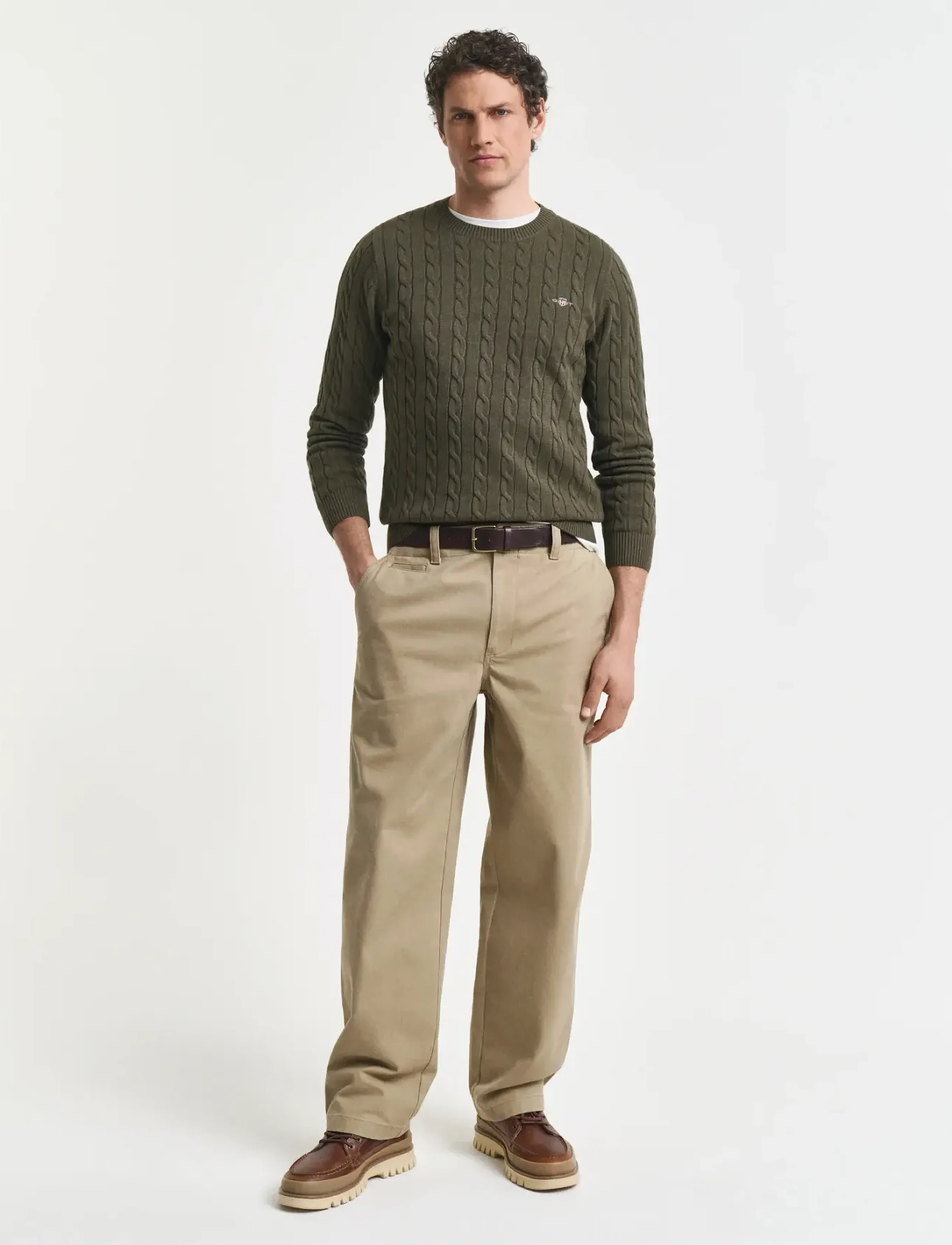Gant - Classic Cable Knit Sweater - pyöreäaukkoiset - khaki green mel - 4