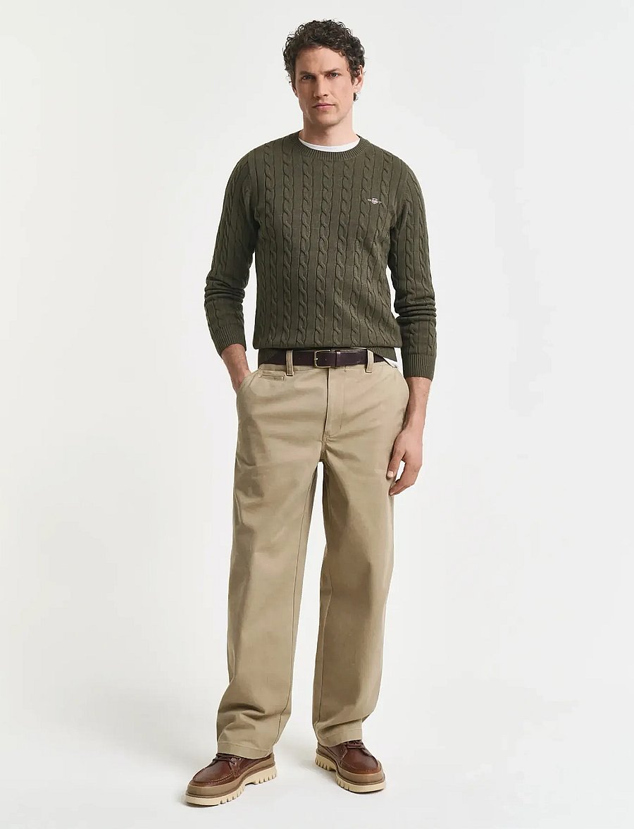 Gant - Classic Cable Knit Sweater - pyöreäaukkoiset - khaki green mel - 4