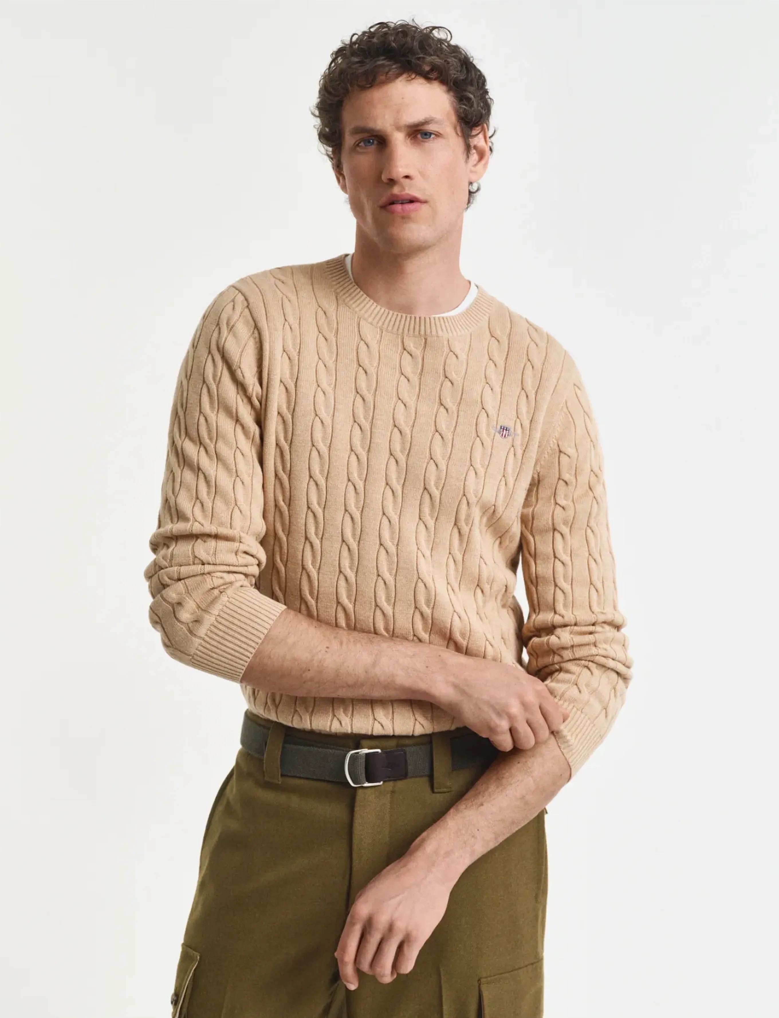 Gant Classic Cable Knit Sweater, S, Knitwear, Beige - Round Necks, Männerswear