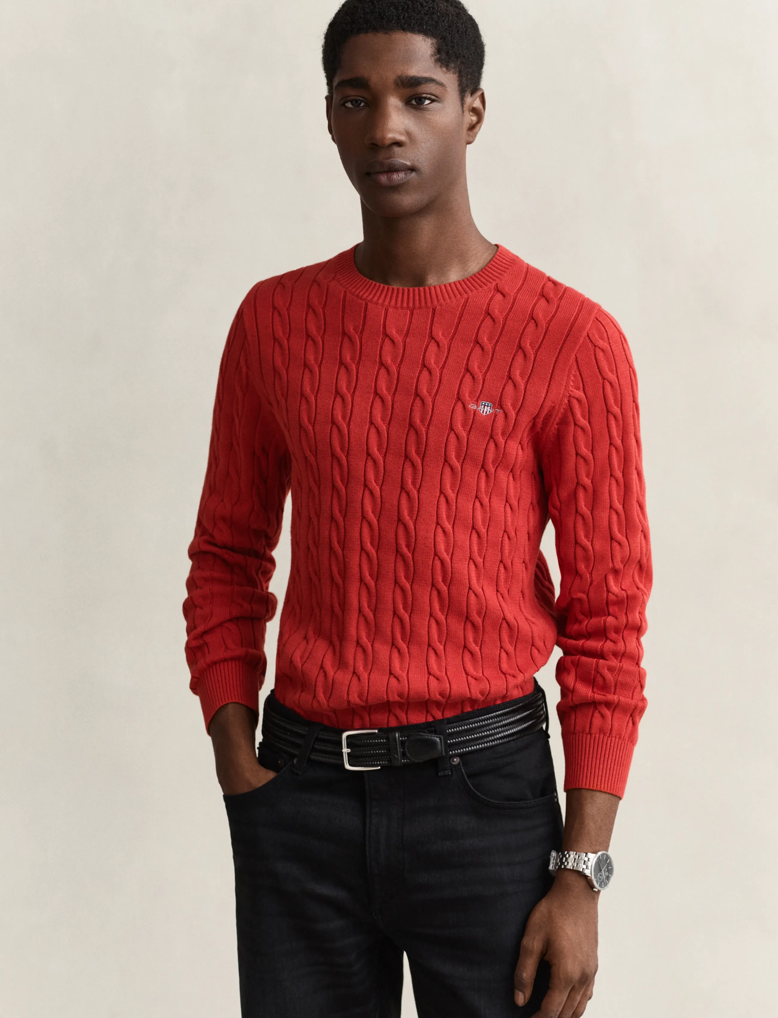 Gant Classic Cable Knit Sweater, Mænd, Kabelstrikket Rundhals Sweater, Rød, Str: M
