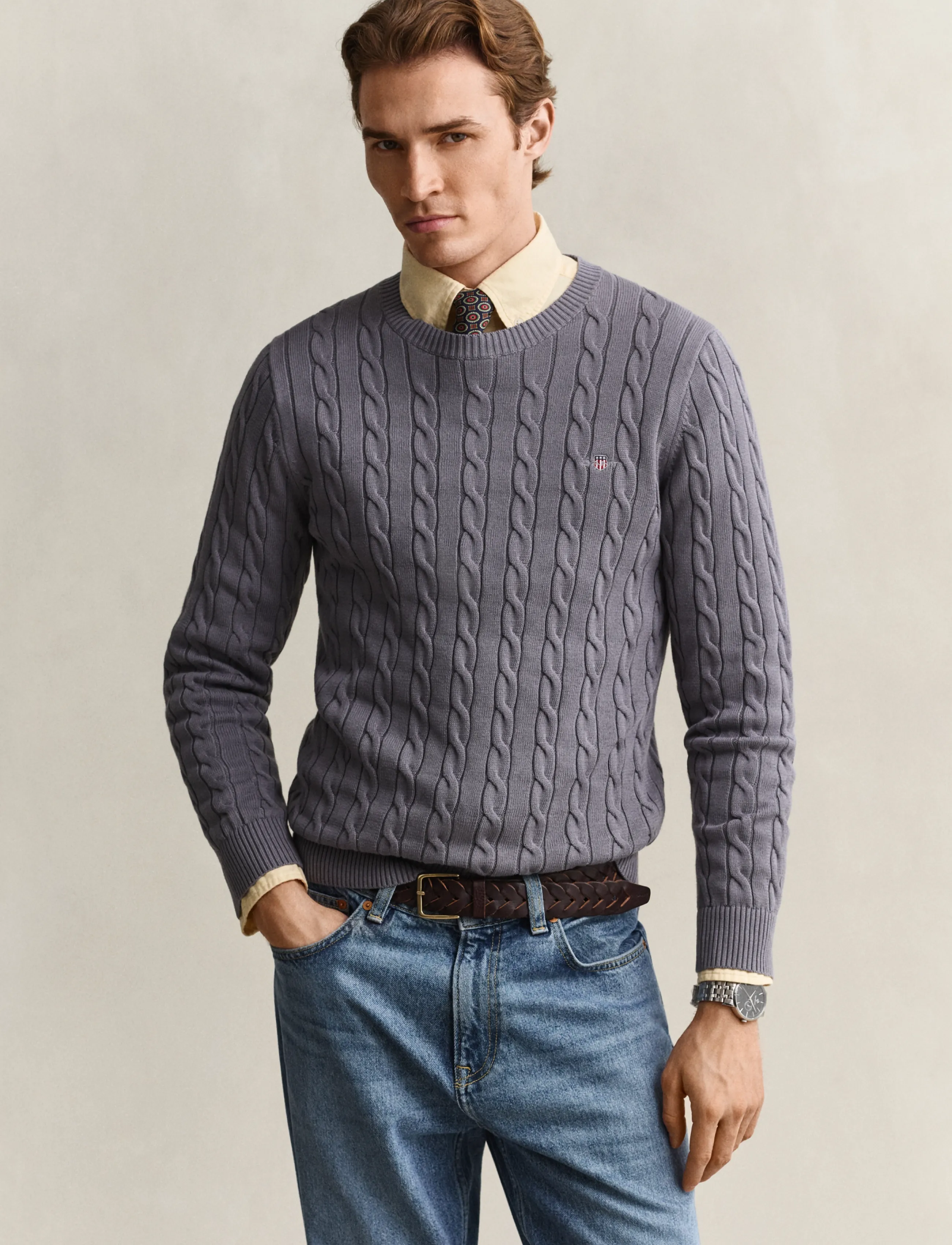 Gant Classic Cable Knit Sweater, Mænd, Kabelstrikket Rundhals Sweater, Grå, Str: XXXL