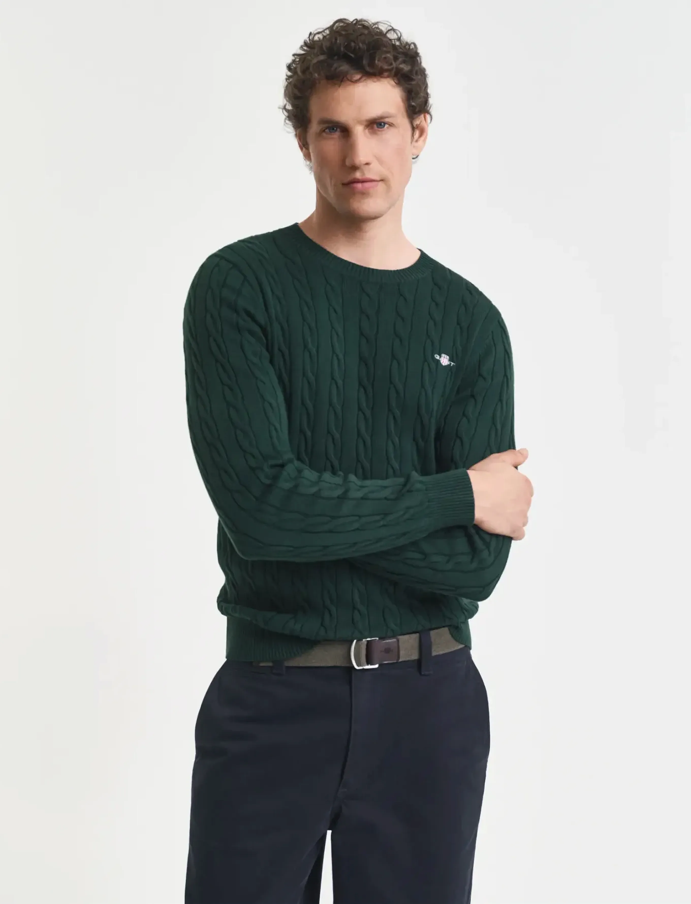 Gant Classic Cable Knit Sweater, L, Knitwear, Khakigrün - Round Necks, Männerswear