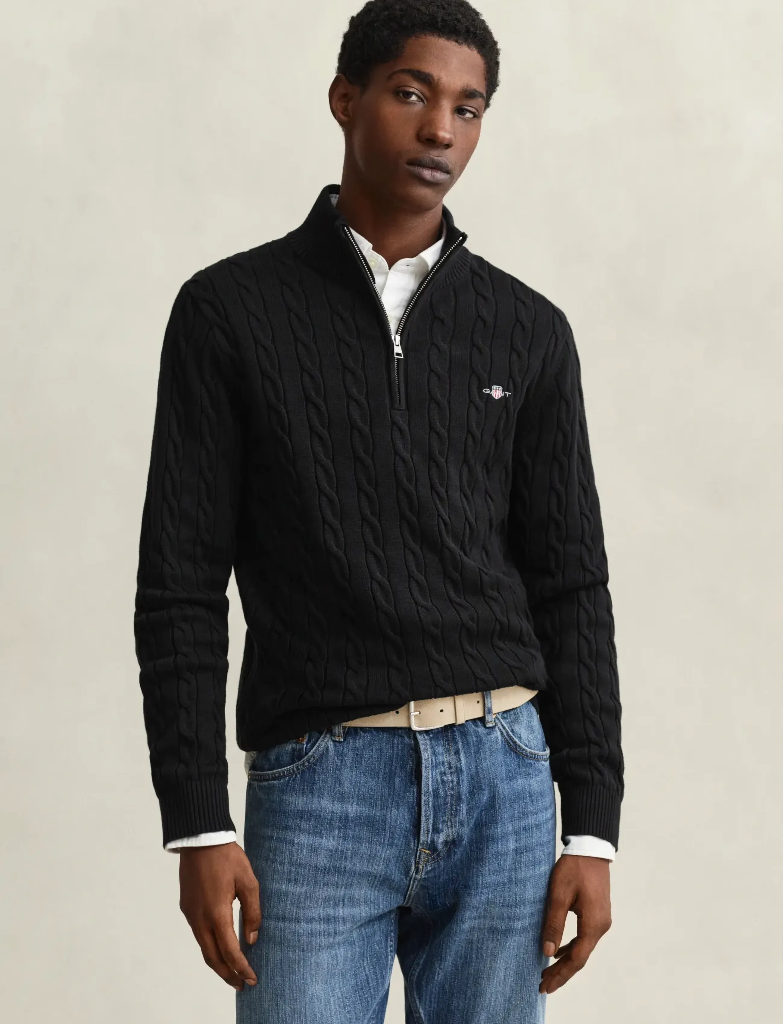 Gant Cable Knit Half-Zip Sweater, XXL, Black, Strik > Trøjer Med Halv Lynlås, Herre