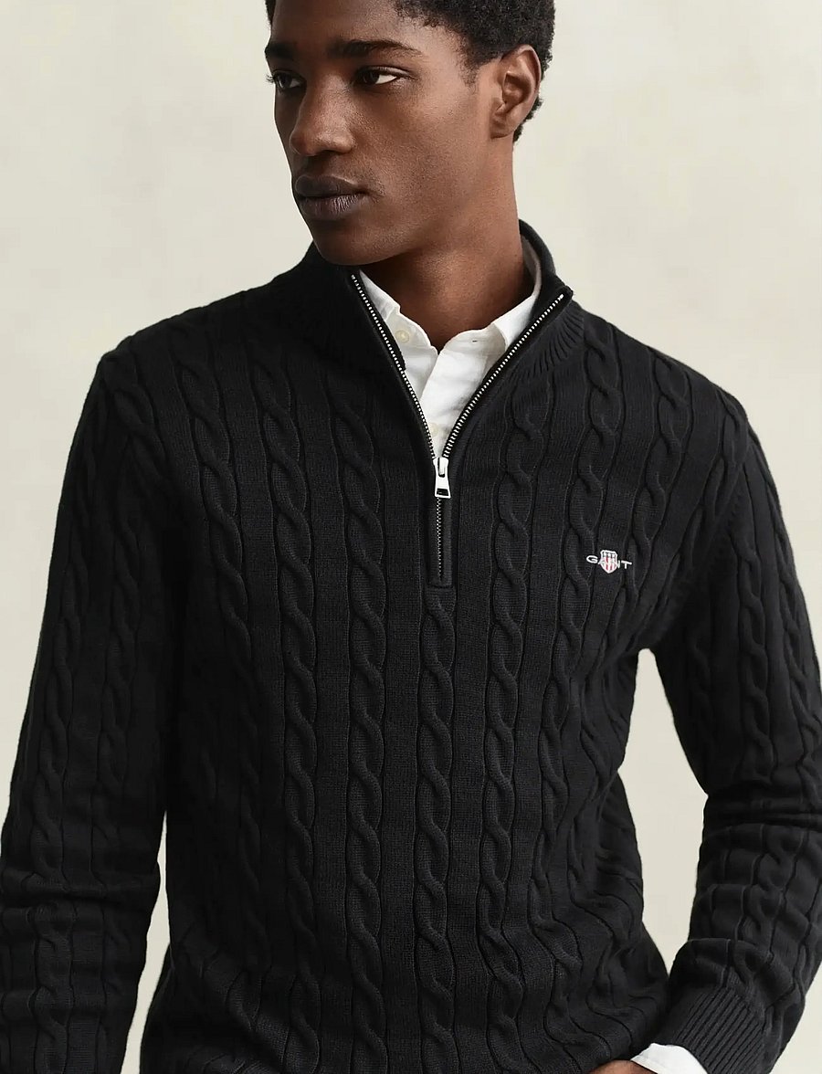 Gant - Cable Knit Half-Zip Sweater - poolpika lukuga džemprid - black - 4
