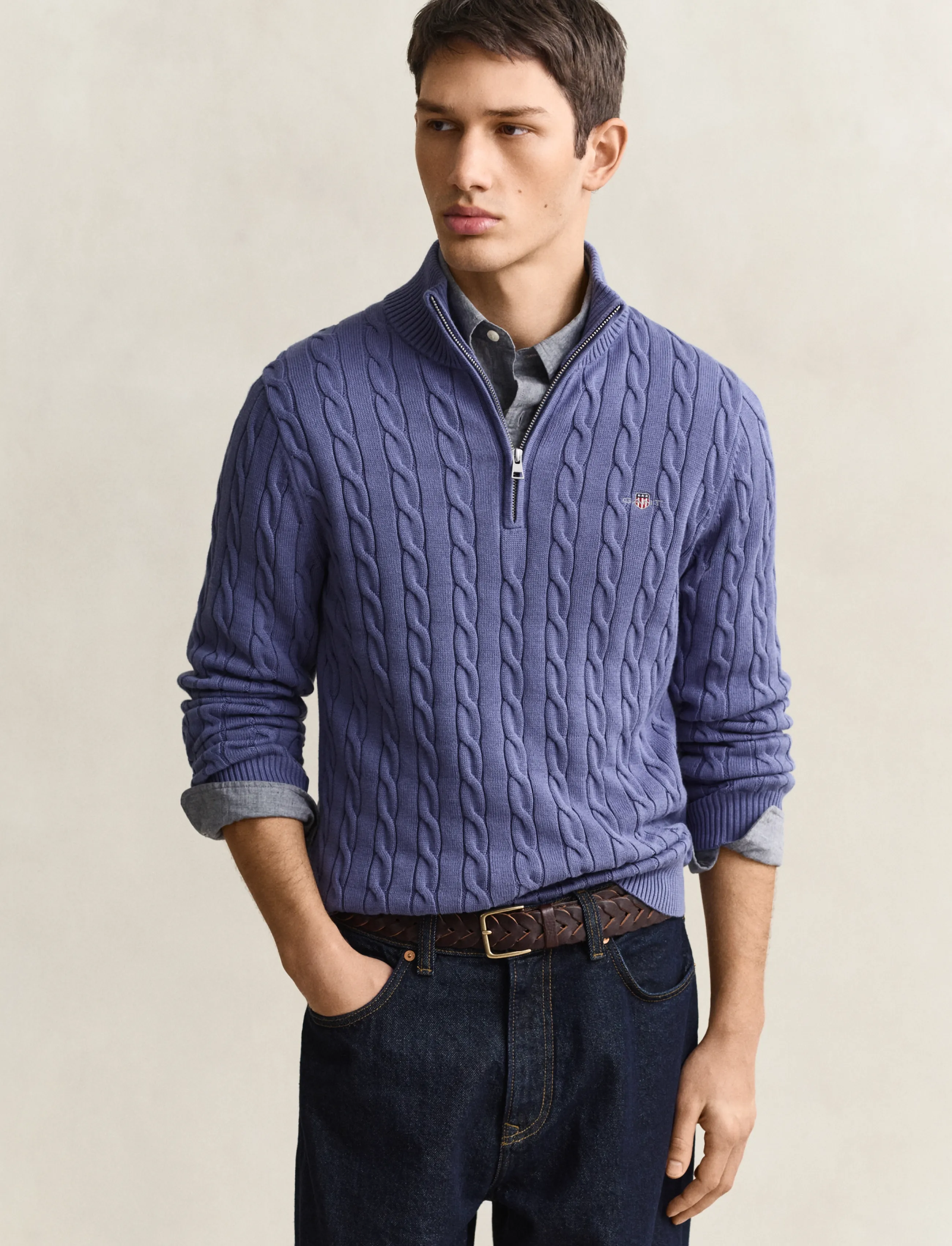 Gant Cable Knit Half-Zip Sweater, Herren, Zopfstrick Halb-Reißverschluss Pullover, Blau, Gr.XL