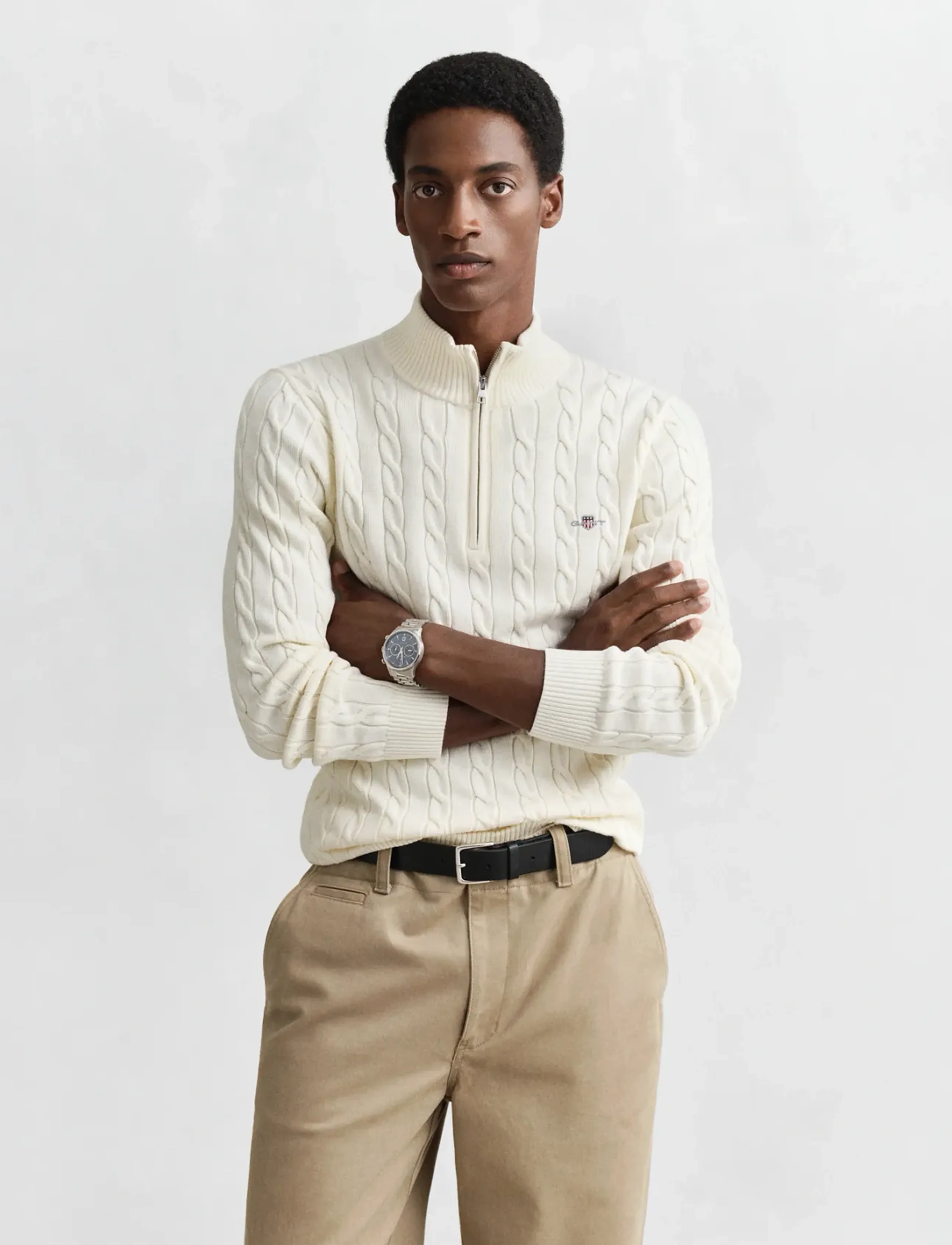 Gant Cable Knit Half-Zip Sweater, Mænd, Kabelstrikket Halv-Lynlås Sweater, Hvid, Str: XXXL