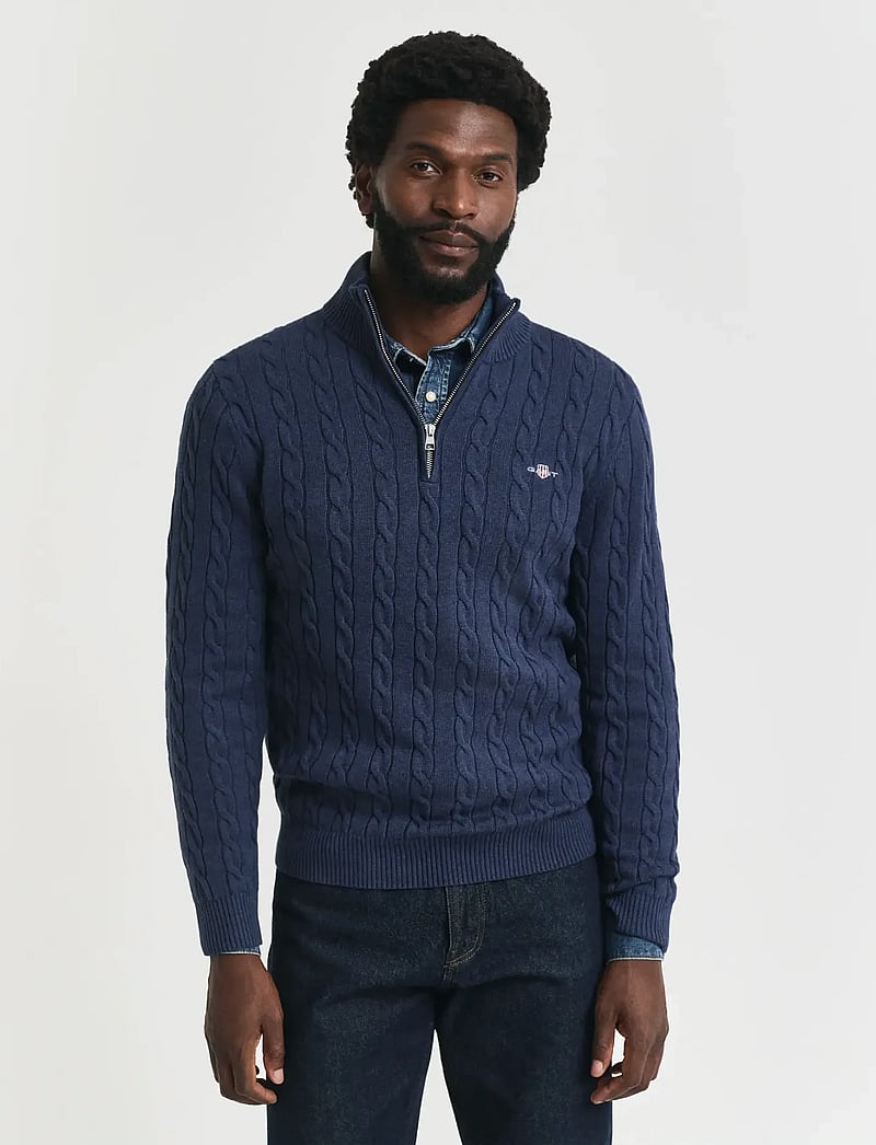 GANT - COTTON CABLE HALF ZIP - hálfrenndar peysur - dark jeansblue melange - 0