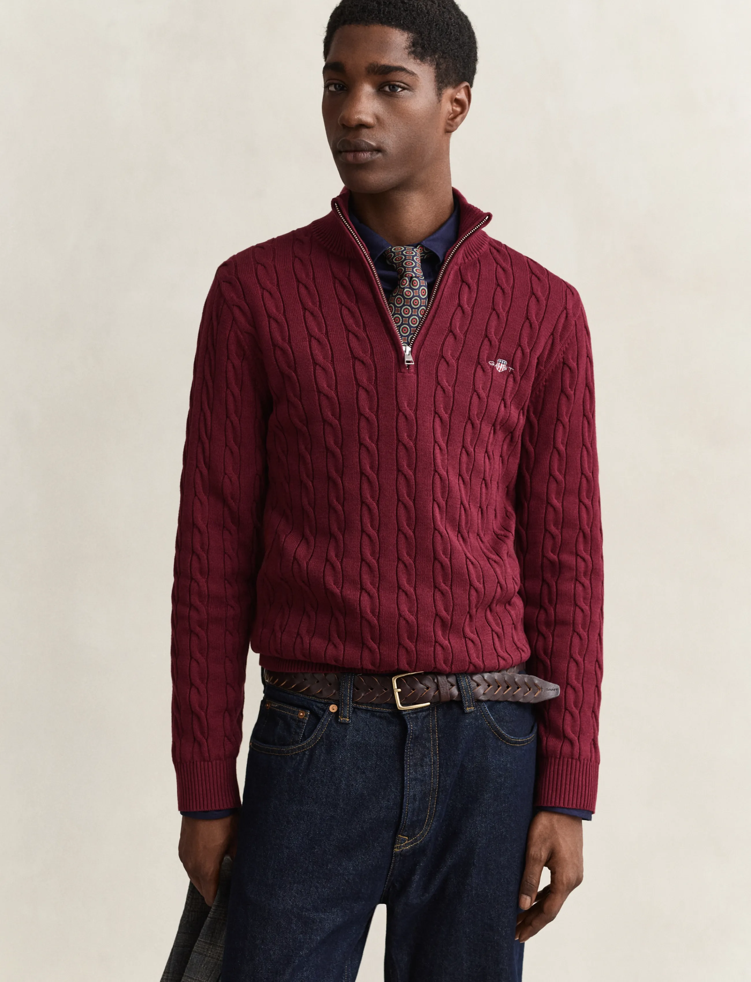 Gant Cable Knit Half-Zip Sweater, S, Knitwear, Burgunderrot - Half Zip Jumpers, Männerswear