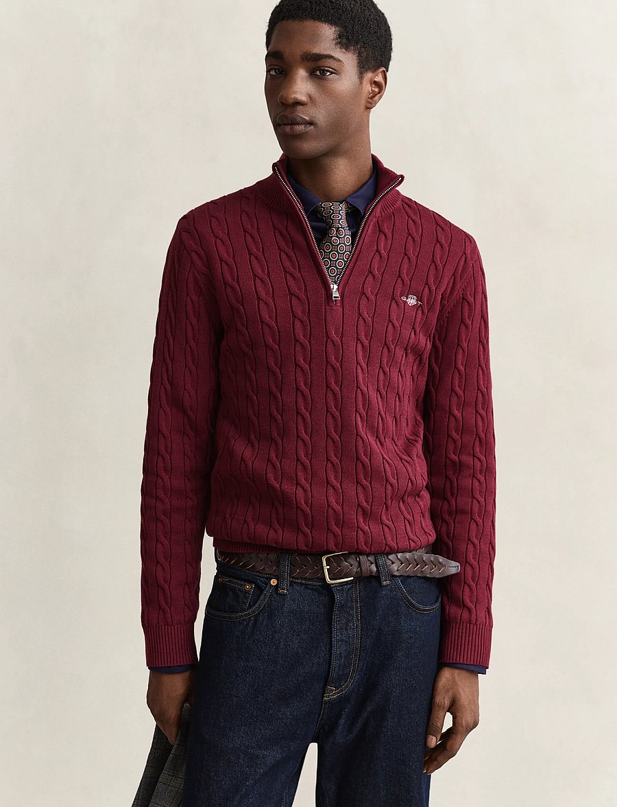 Gant - Cable Knit Half-Zip Sweater - pullover mit halbem reißverschluss - deep grape wine - 0