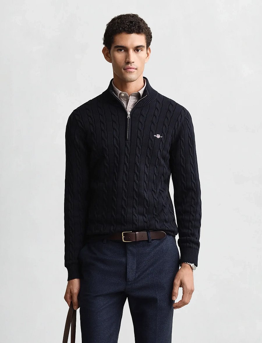 Gant - Cable Knit Half-Zip Sweater - pullover mit halbem reißverschluss - evening blue - 1