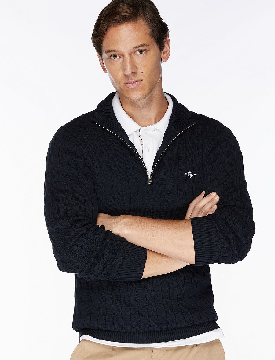 Gant - Cable Knit Half-Zip Sweater - pullover mit halbem reißverschluss - evening blue - 0