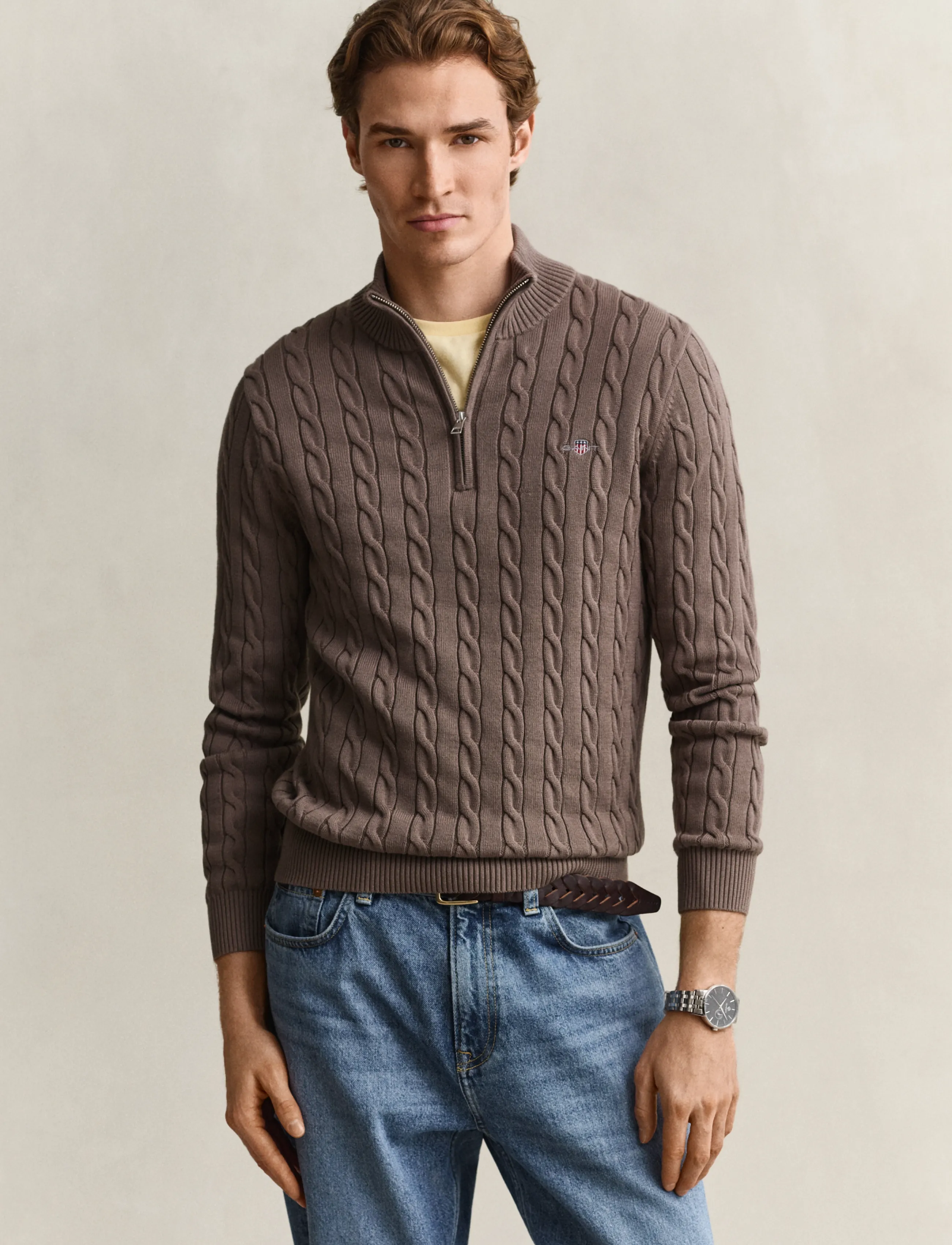 Gant Cable Knit Half-Zip Sweater, XXL, Knitwear, Braun - Half Zip Jumpers, Männerswear