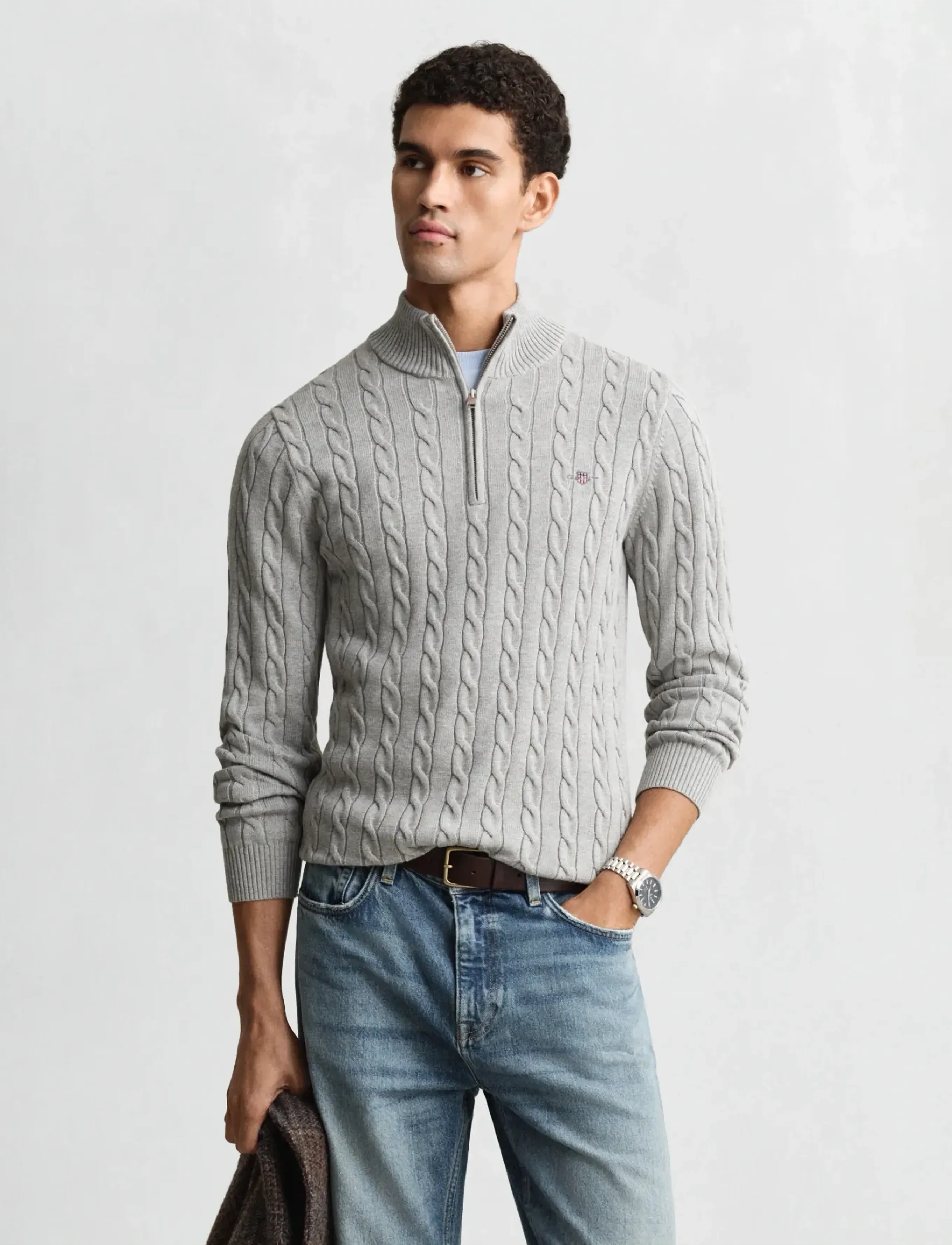 Gant Cable Knit Half-Zip Sweater, XL, Knitwear, Grau - Half Zip Jumpers, Männerswear