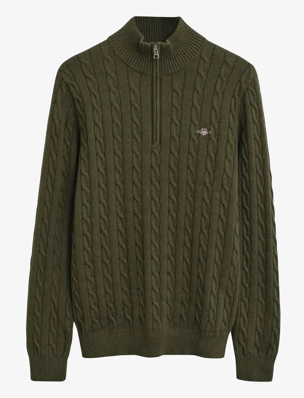 GANT - COTTON CABLE HALF ZIP - tõmblukk-kaelusega dressipluusid - khaki green mel - 1
