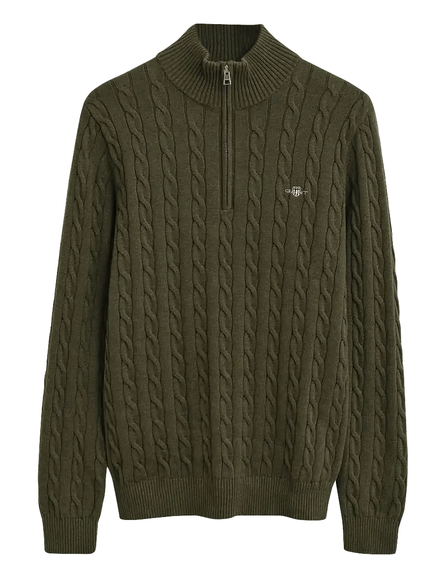 Gant - Cable Knit Half-Zip Sweater - halfzip strik - khaki green mel - 1