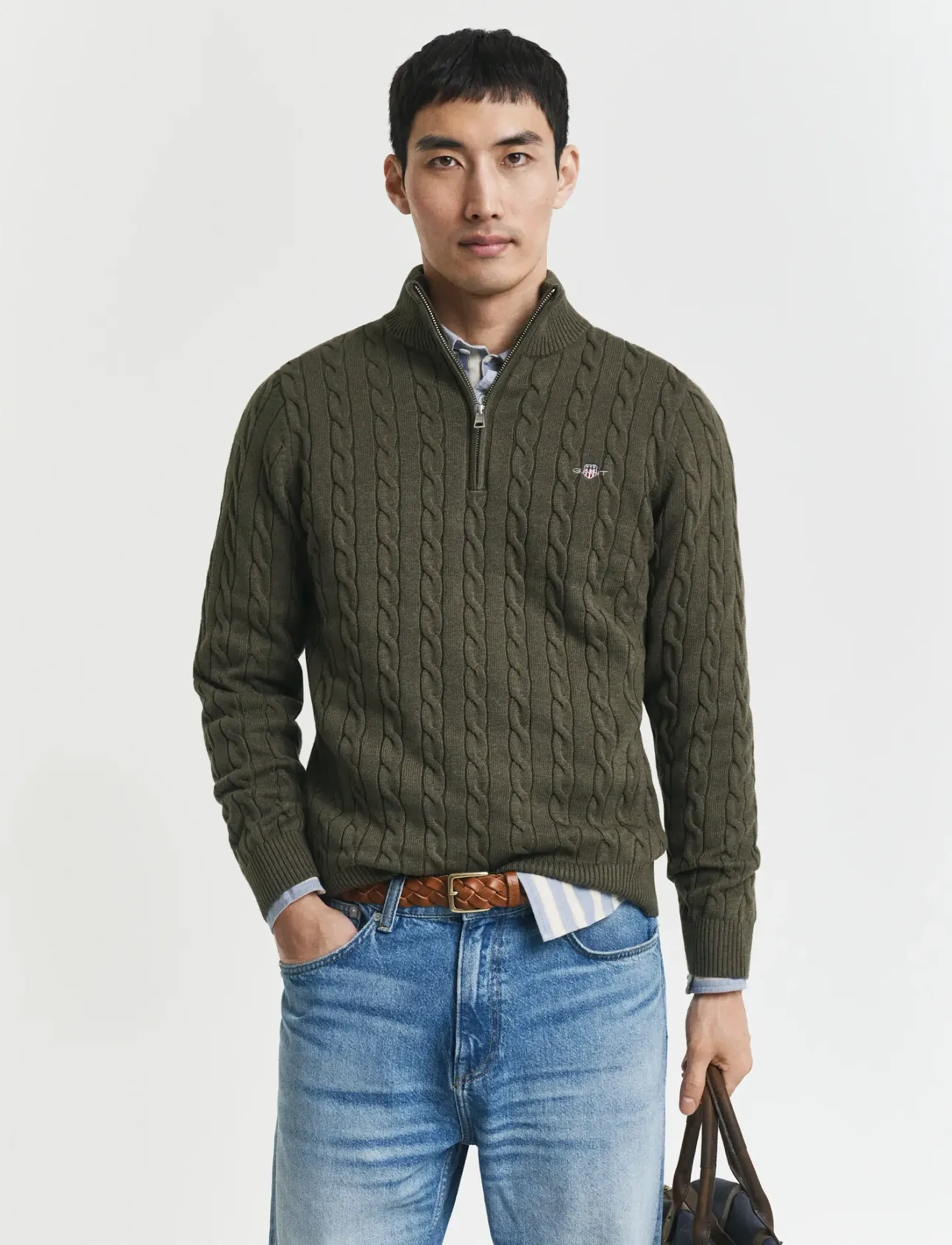 Gant Cable Knit Half-Zip Sweater, M, Knitwear, Khakigrün - Half Zip Jumpers, Männerswear