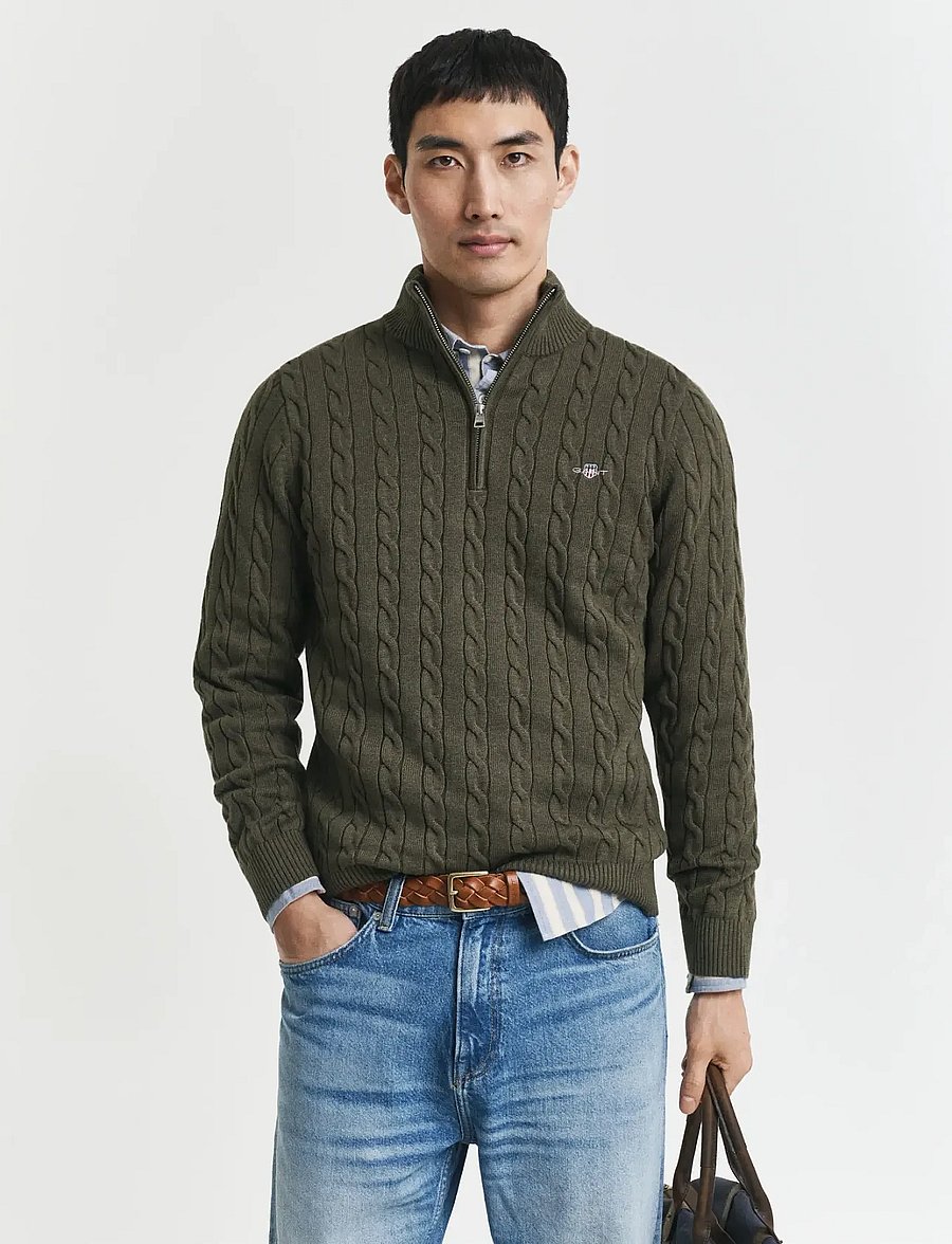 Gant - Cable Knit Half-Zip Sweater - halfzip strik - khaki green mel - 0