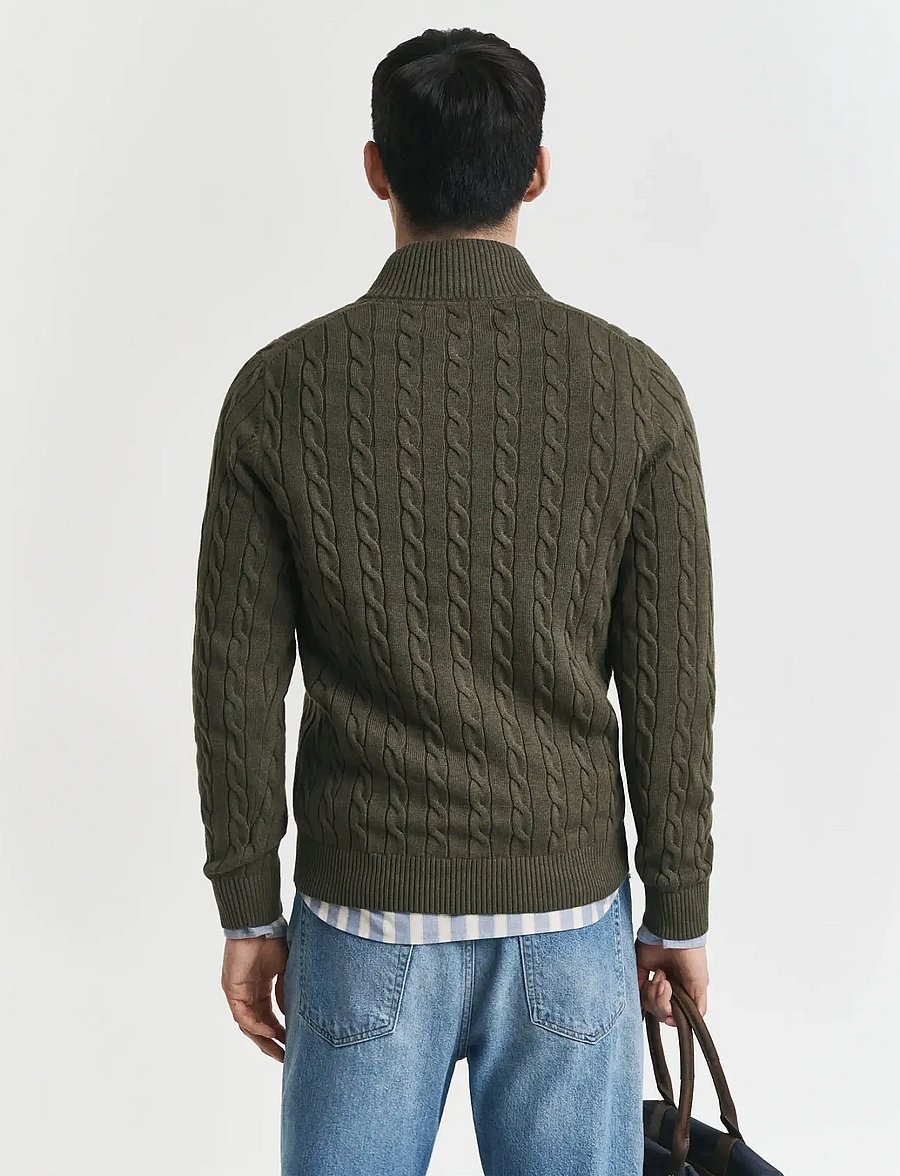 Gant - Cable Knit Half-Zip Sweater - halfzip strik - khaki green mel - 2