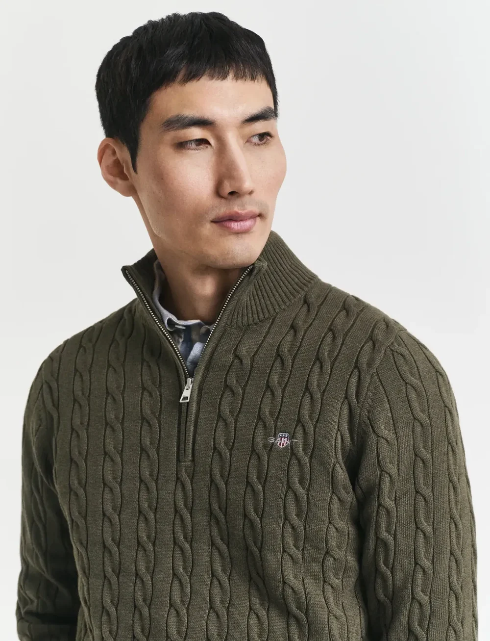 GANT - COTTON CABLE HALF ZIP - tõmblukk-kaelusega dressipluusid - khaki green mel - 3