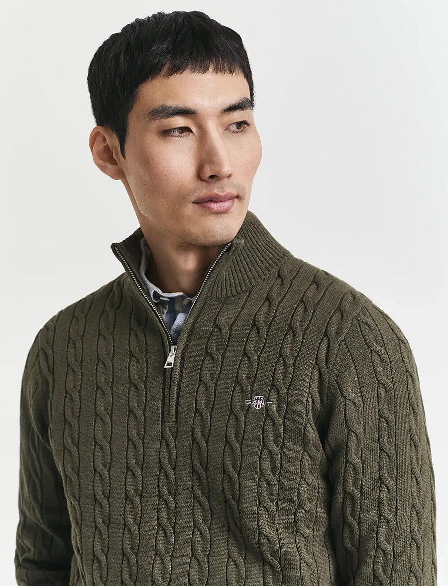 Gant - Cable Knit Half-Zip Sweater - halfzip strik - khaki green mel - 3