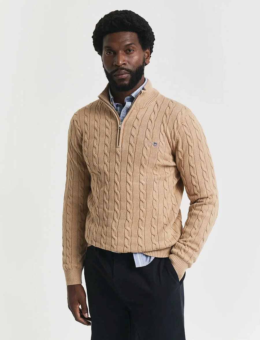 Gant - Cable Knit Half-Zip Sweater - halfzip strik - khaki melange - 0