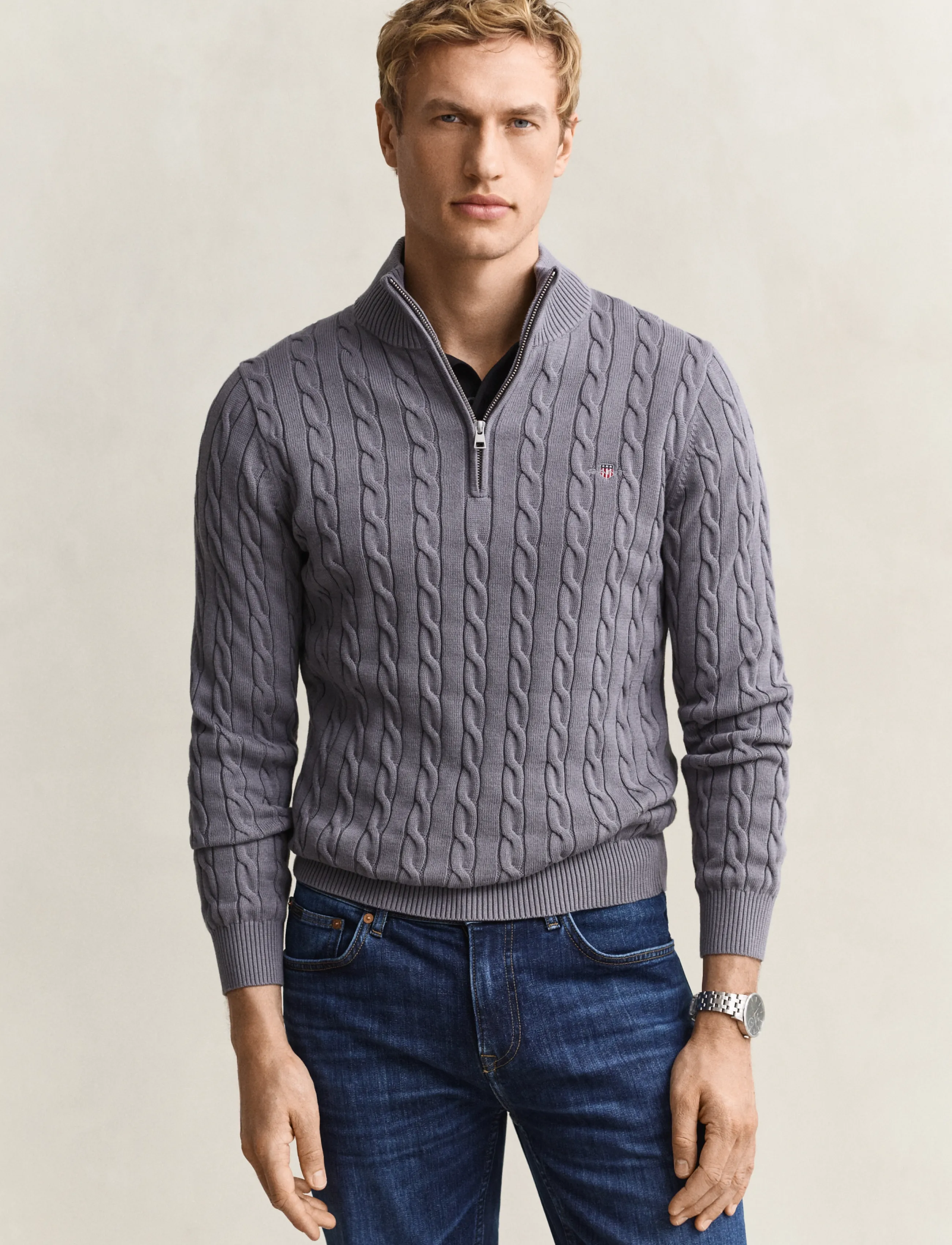 Gant Cable Knit Half-Zip Sweater, M, Knitwear, Grau - Half Zip Jumpers, Männerswear