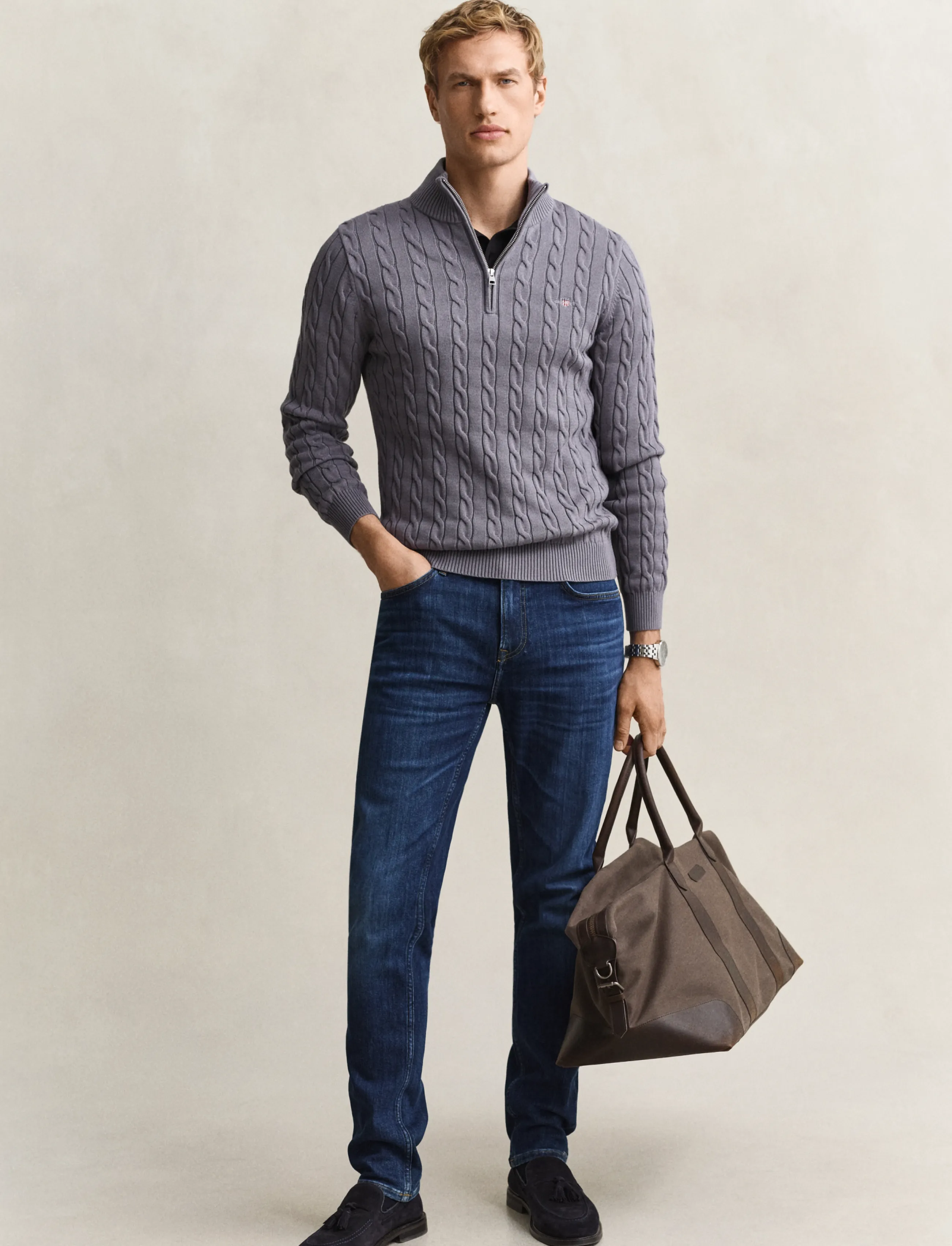 Gant - Cable Knit Half-Zip Sweater - half zip jumpers - mid grey - 4